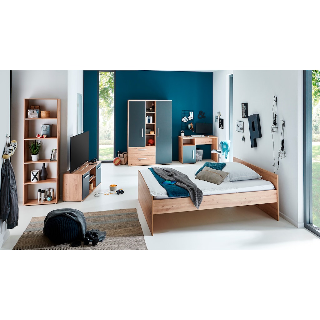 arthur berndt Jugendzimmer-Set »Alessio«, (Set, 5 St., Bett, Kleiderschrank, Schreibtisch, Standregal und TV-Lowboard.), mit Melamin-Oberfläche