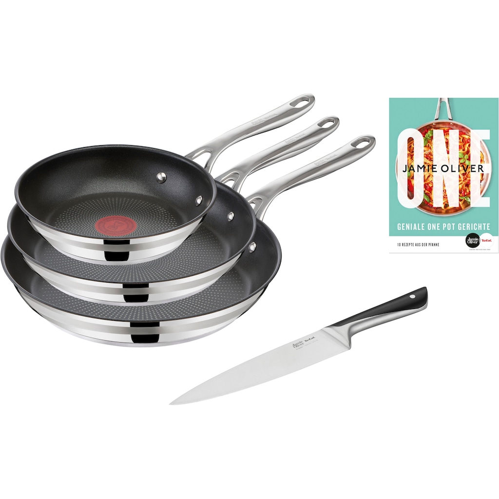 Tefal Pfannen-Set »Jamie Oliver Cook Smart«, Edelstahl 18/10, (Set, je 1 Pfanne 20/24/28 cm, 1 Kochmesser), stilvolle Edelstahl-Pfannen, inkl. Kochmesser, Rezeptbuch