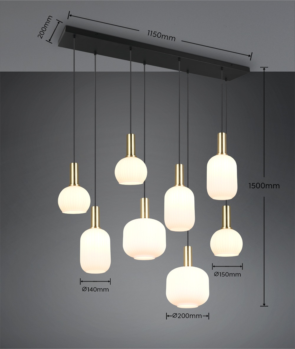 TRIO Leuchten Pendelleuchte »DIVA, E27 Hängelampe 8-flammig mit Glasschirm, exkl 8xE27 max 10W«, 8 flammig, Leuchtmittel E27 | Leuchtmittel wechselbar, höhenverstellbar bis max 150cm Hängeleuchte 120x32 cm Wohnzimmer Küche