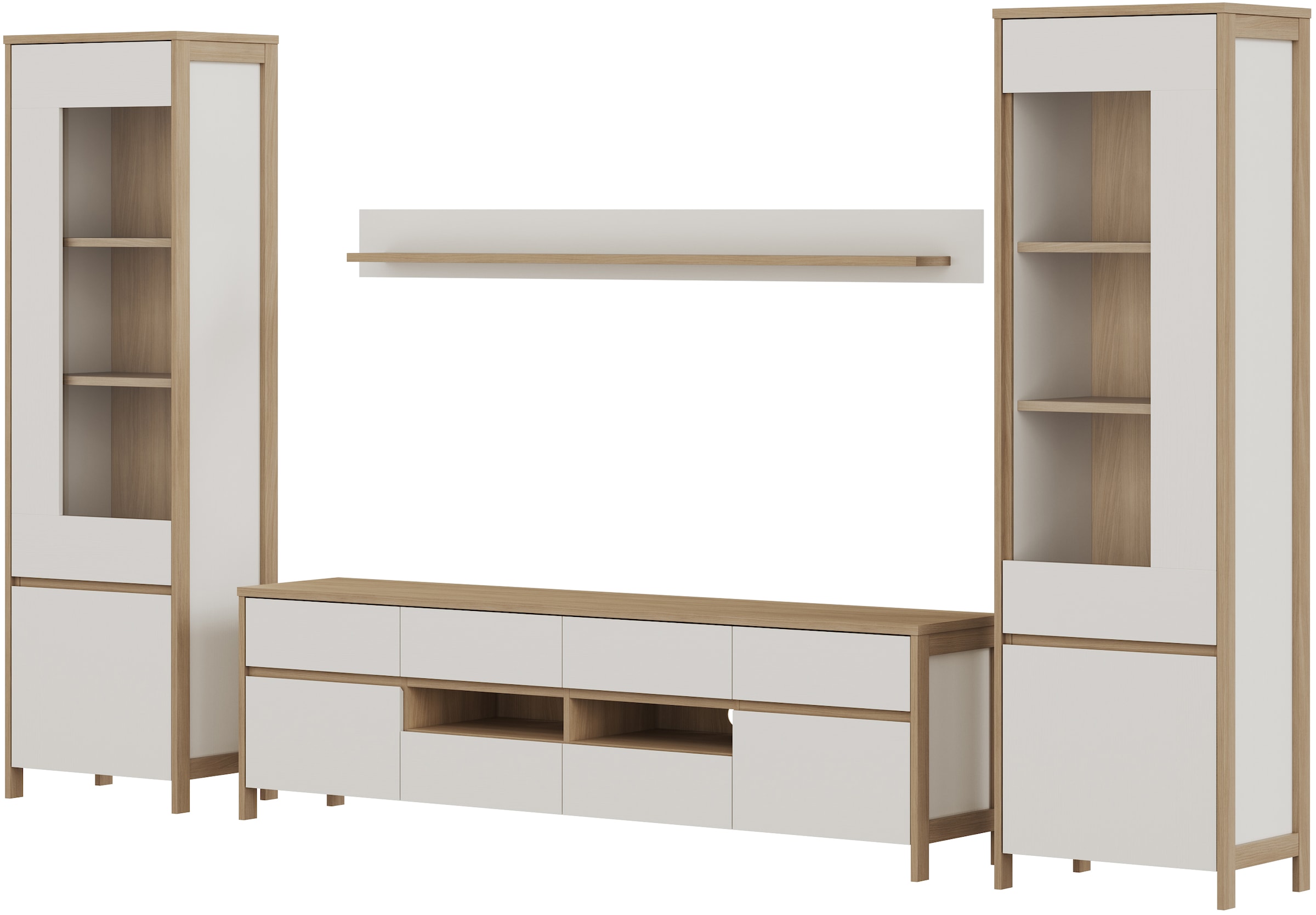 Home affaire Wohnwand »Stranda, moderne Anbauwand, Komplettset im Scandi-Style«, (4 St.), enthält zwei Vitrinen, Lowboard und Wandboard, 344 cm breit