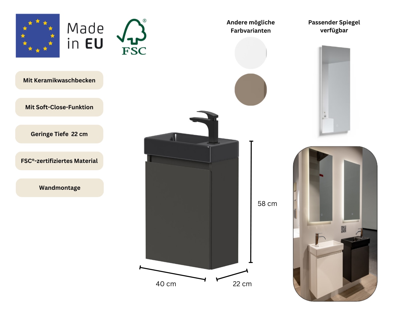 welltime Waschtisch »Mini, Badmöbel, Waschtischunterschrank inkl. Waschbecken« Breite 40cm, mit Soft-Close-Funktion, FSC®-zertifiziert