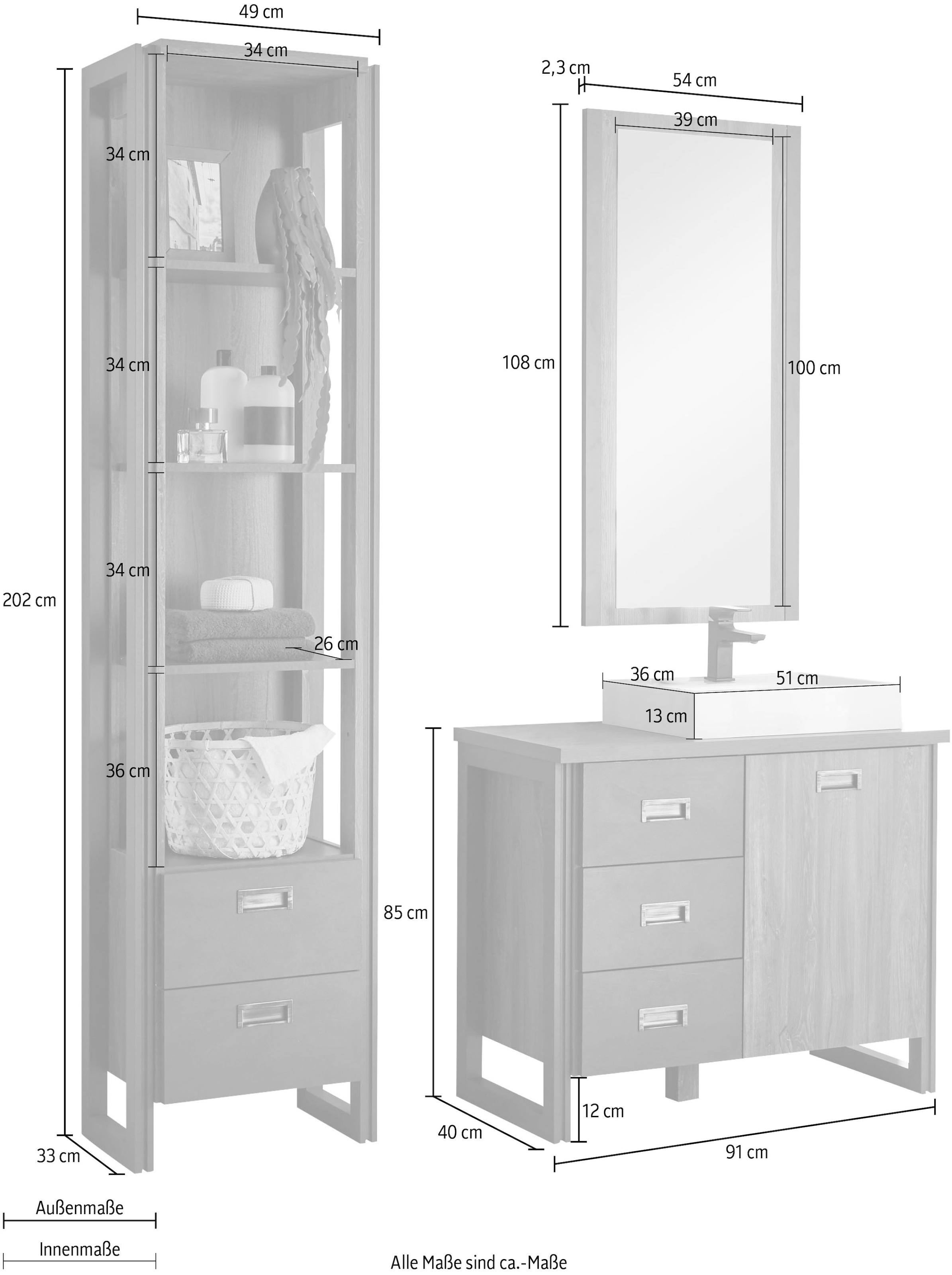 Home affaire Badmöbel-Set »Detroit, Bad im Industrialdesign, 3-teiliges Badezimmer«, (Set, 3 St.), Waschtisch, Regal & Spiegel, inkl. Aufsatzwaschbecken aus Mineralguss