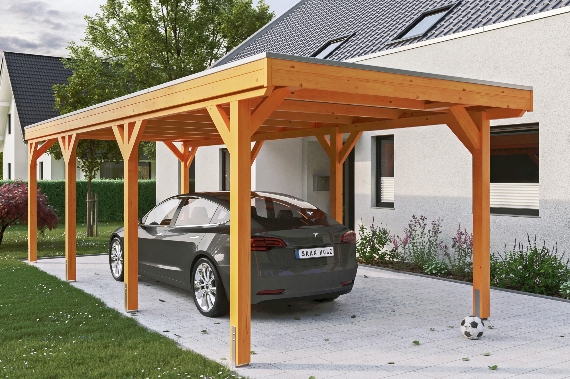 Skanholz Einzelcarport "Grunewald", Leimholz-Nordisches Fichtenholz, hellbraun, mit Aluminiumdach