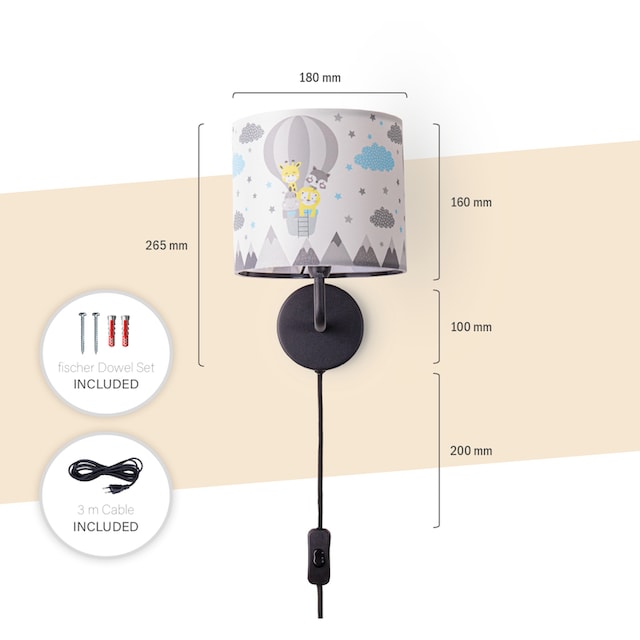 Paco Home Wandleuchte »Cosmo 343«, 1 flammig-flammig, Lampe Kinderzimmer  Stecker âˆ…18cm Heißluftballon Tiere Kabel 3m E14 | BAUR