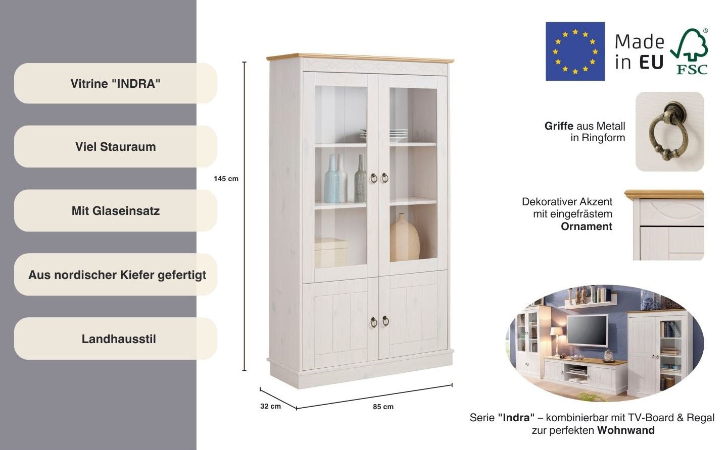 Thumbnail - OTTO home Vitrine "Indra" aus massiver Kiefer, FSC, Höhe 145 cm, dezentes Ornament