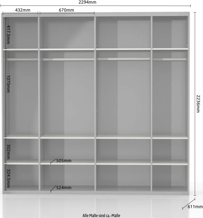Places of Style Schwebetürenschrank »Piano, FSC-zertifiziert, mit Einlegeböden und Kleiderstangen«, (in 3 Breiten, 224cm hoch), UV lackiert, hochglänzend, mit Soft-Close Funktion, in beige oder weiß