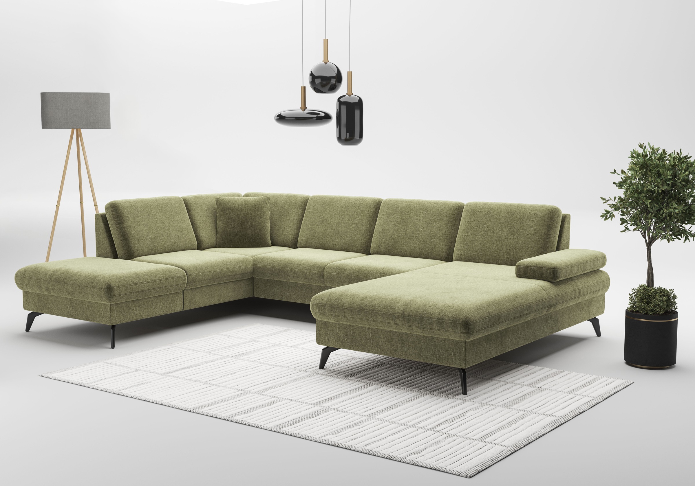 Wohnlandschaft SIT & MORE "Morris Jubi U-Form, B: 300 cm", grün (hellgrün), B:300cm H:83cm T:202cm, 100% Polyester, Sofas, Wohnlandschaft, mit Armteilfunktion & 1 Zierkissen, optional Bettfunktion 4