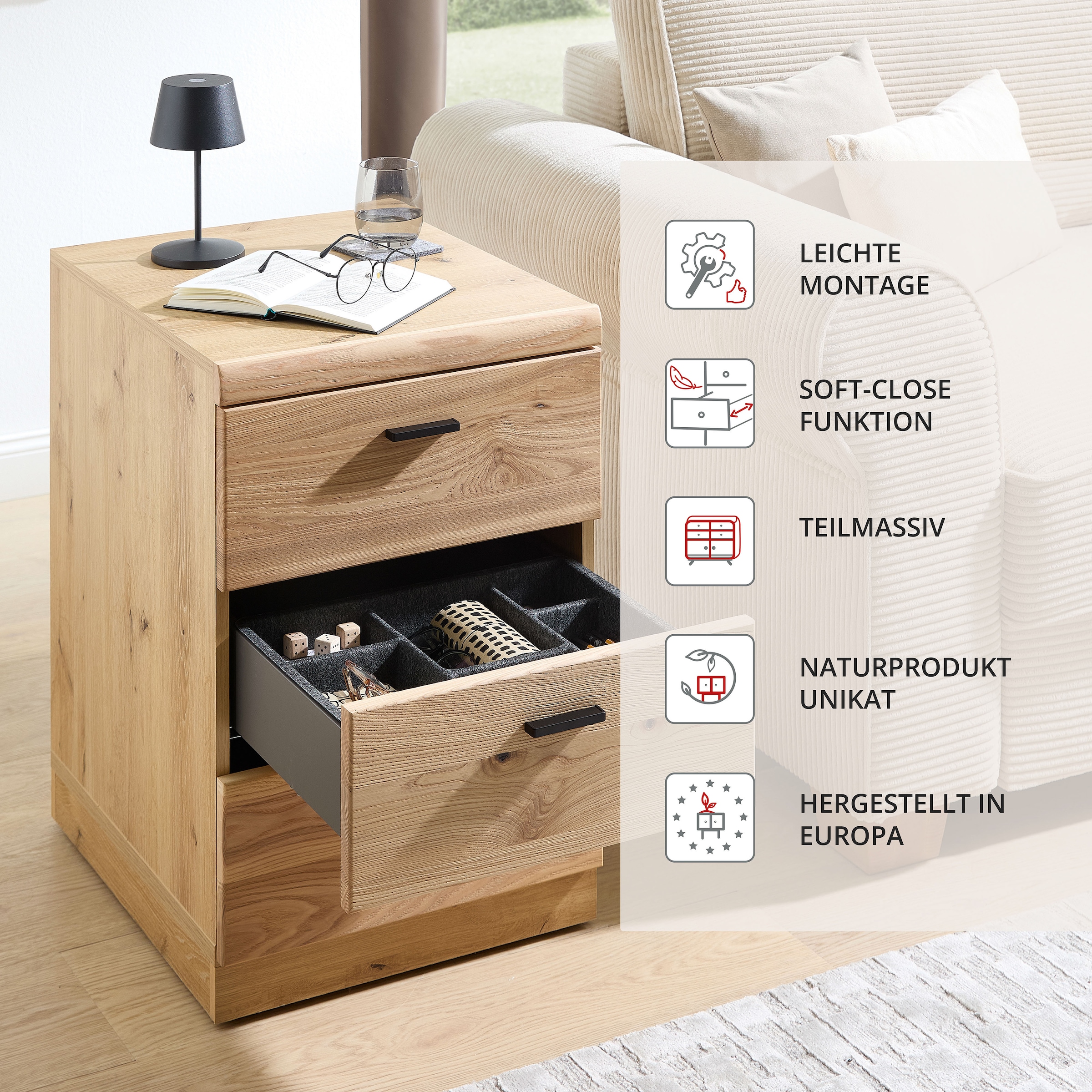 Innostyle Rollcontainer »Nachtkommode Glenn, 45 x 66 x 55 cm (B/H/T)«, (1 St.), inkl. Filzeinlage, 4 Rollen (2 mit Bremsen) oder Sockel, SK Soft-Close