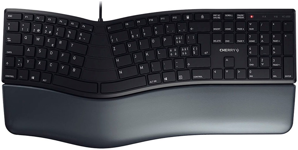 Cherry Tastatur »KC 4500 ERGO Kabelgebundene Ergonomische Tastatur, Schwarz, USB« (Fn-Tasten | Funktionstasten | Handgelenkauflage | Lautstärkeregler | Multimedia-Tasten | Ziffernblock | ergonomische Form | verstellbare Füße)