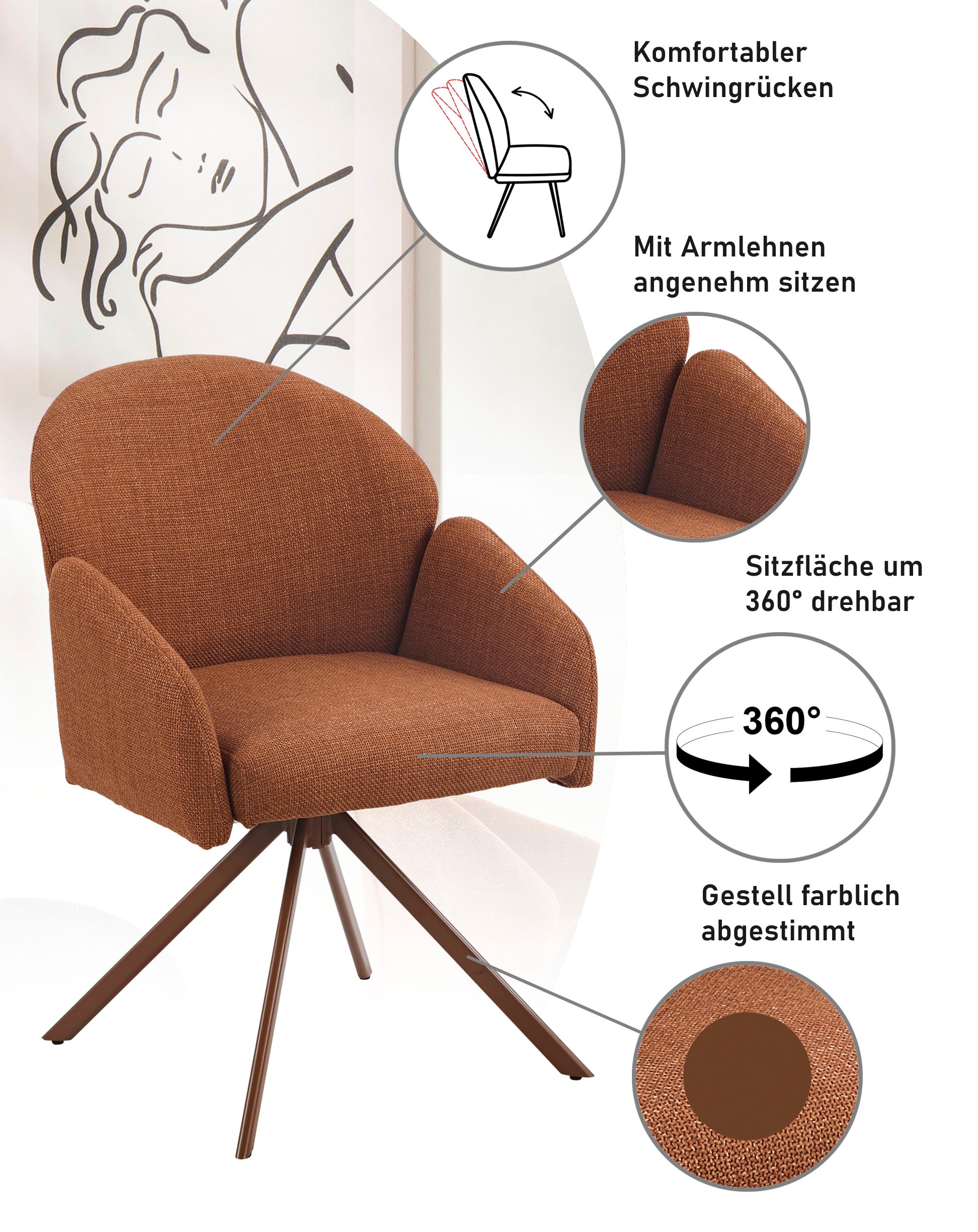 HELA Armlehnstuhl »HOLLY« (Set) 2 Stk.360° drehbar, Armlehnen, Gestell angepasst, Swing Back Komfortrücken