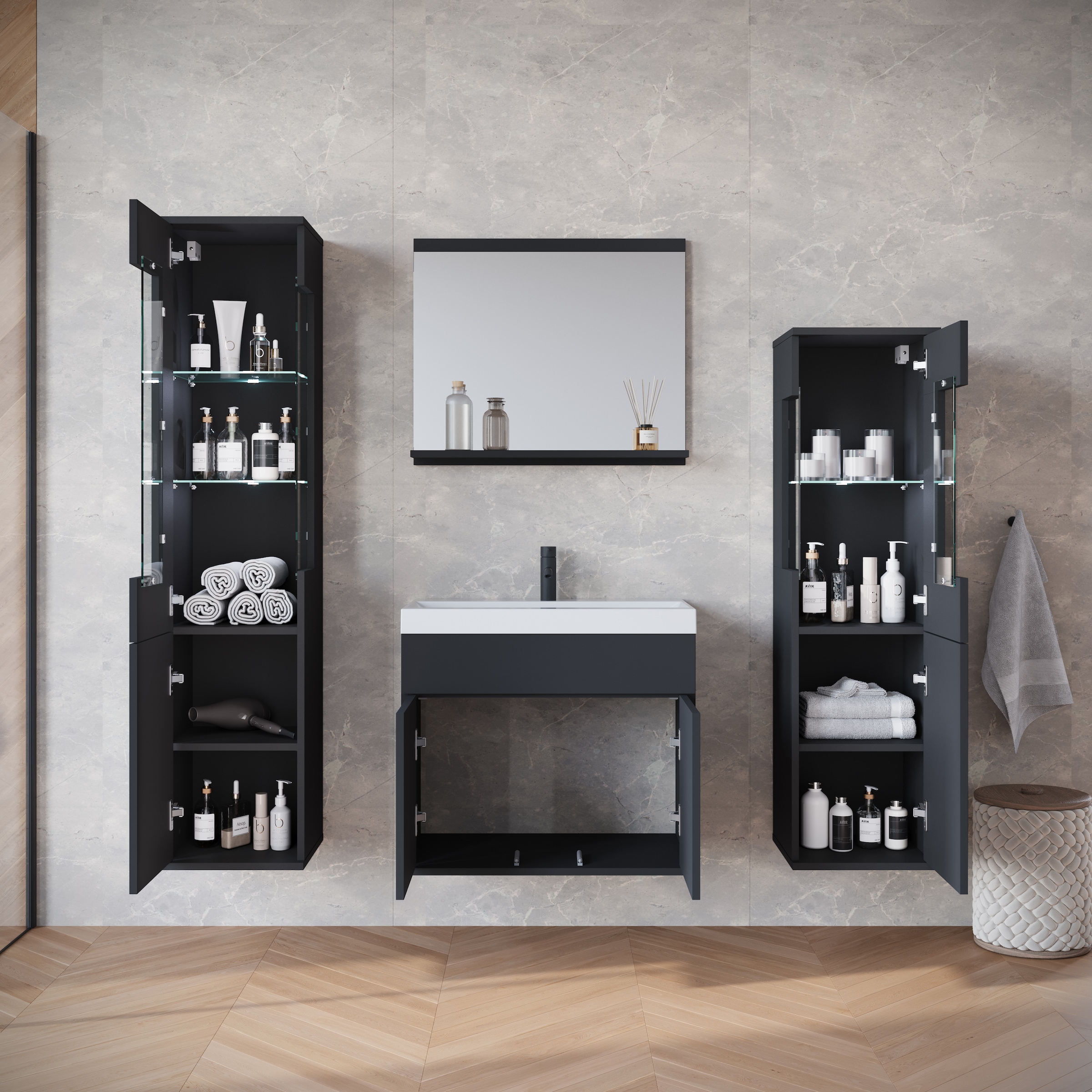 INOSIGN Badmöbel-Set »Kenia«, (Set, 5 St.), Modernes Badmöbel-Set mit viel Stauraum und Glaseinsatz