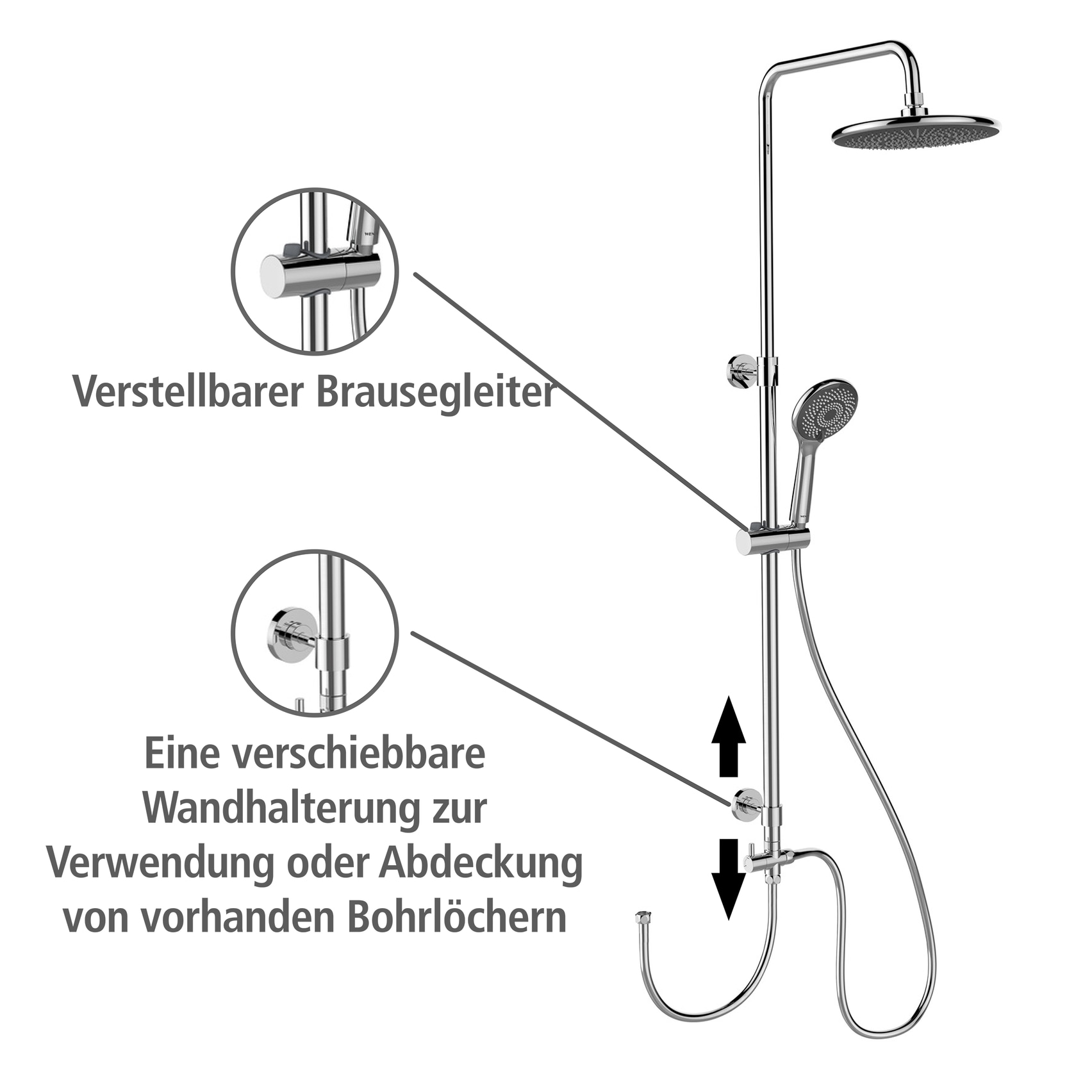 WENKO Duschsystem »Watersaving« Chrome, höhenverstellbare Duschstange von 75-120cm
