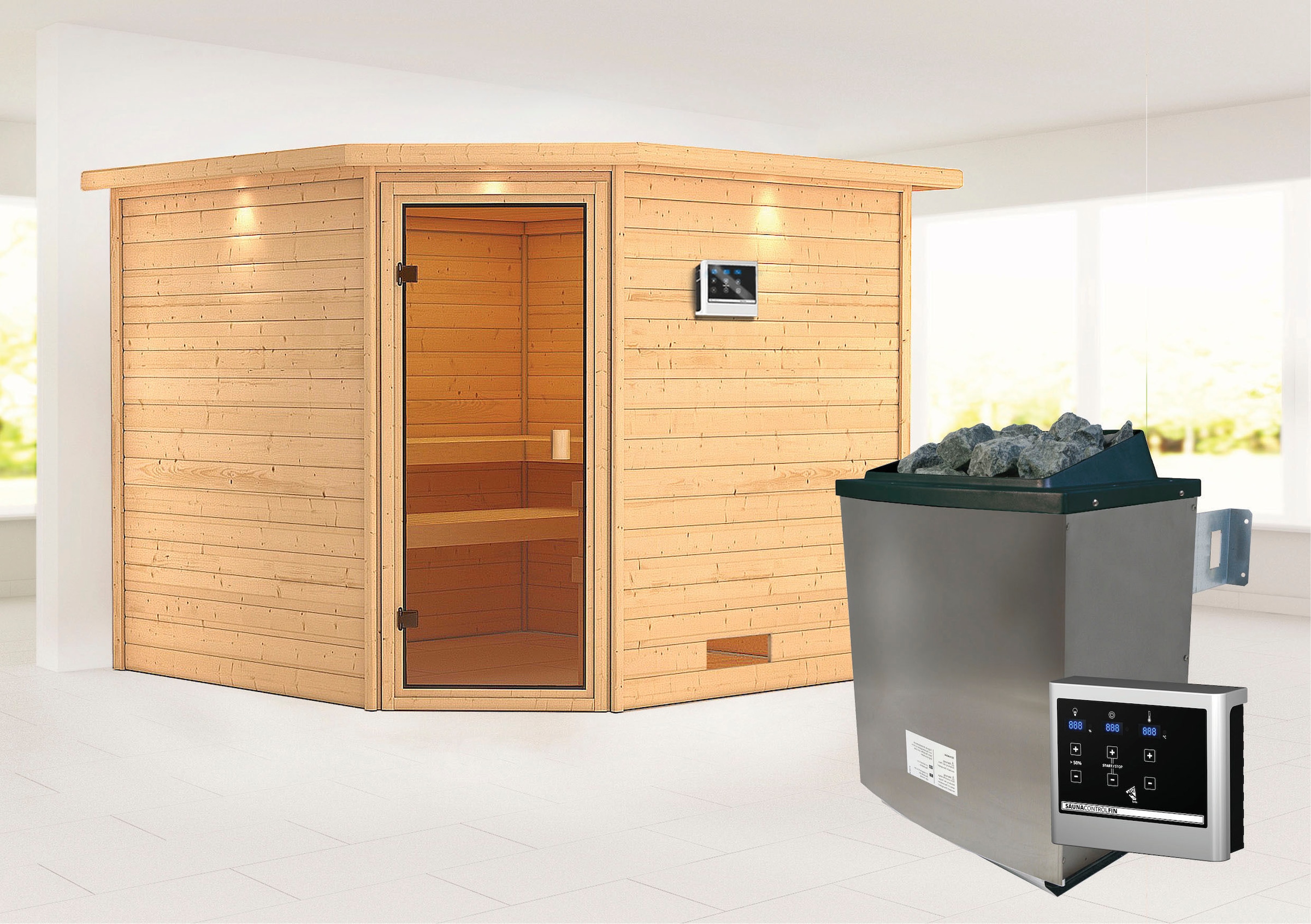 Karibu Sauna ""Leona" mit Kranz und bronzierter Tür Ofen 9 KW externe Strg Easy", aus hochwertiger nordischer Fichte