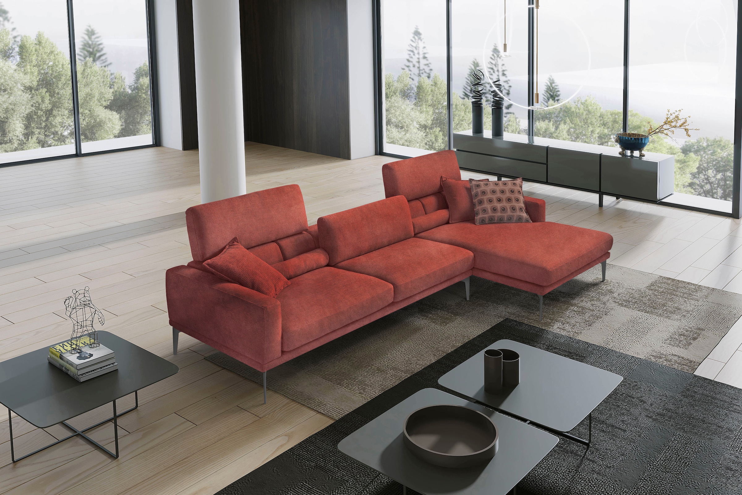 Egoitaliano Ecksofa "Masu, Design trifft sensationellen Sitzkomfort, Breite 277cm, L-Form" inkl. 2 Kissenrollen, Rückenelemente manuell verstellbar, Metallfüße
