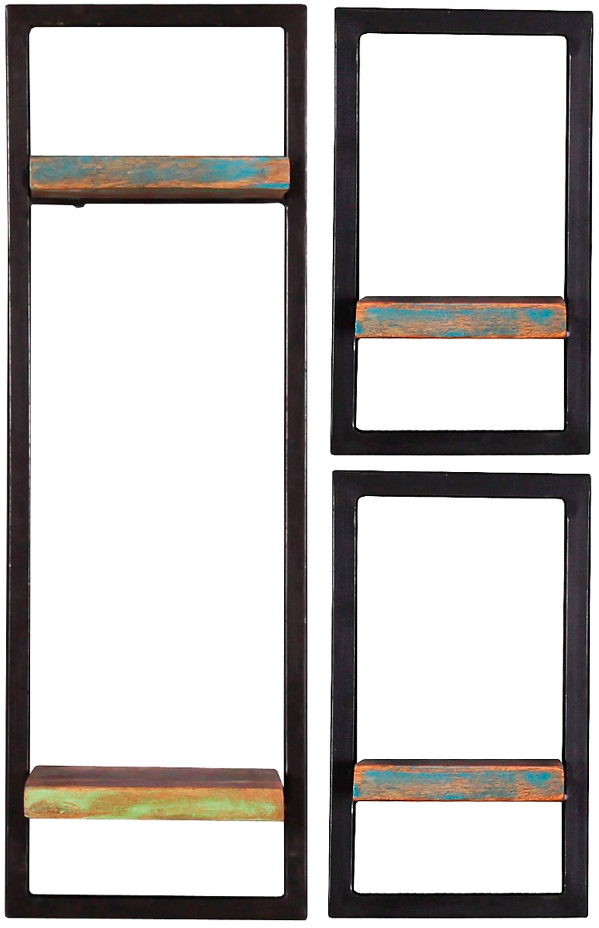 SIT Wandregal "Menton 3-teilig aus Altholz mit schwarzem Metallrahmen" Set, 2 niedrige & 1 hohes Wandregal für kreative Wandgestaltung