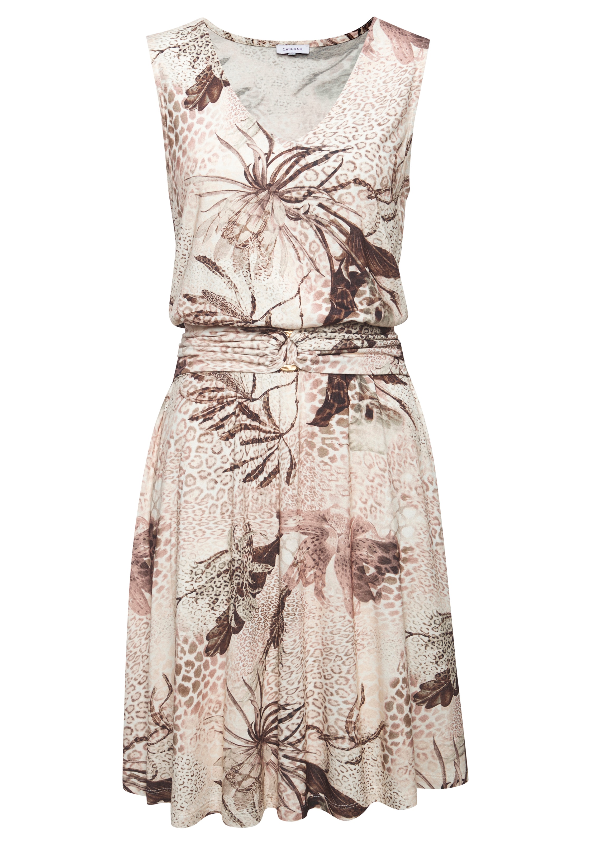 LASCANA Jerseykleid »mit Alloverdruck, schwingendem Rock und goldenem Zieraccessoire« Ohne Taschen ärmelloses Sommerkleid mit breiten Trägern und V-Ausschnitt