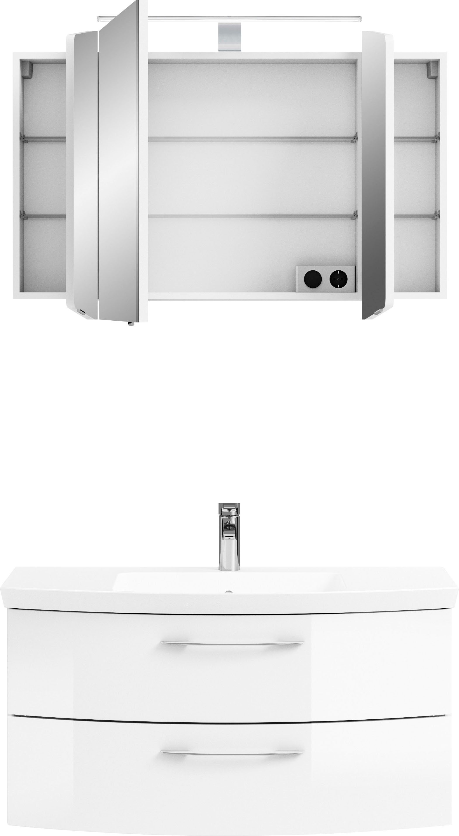 Saphir Badmöbel-Set »Cassca Sprint 2-teilig Mineralmarmor-Waschtisch mit LED-Spiegelschrank«, (2 St.), Waschplatz mit 2 Schubladen, inkl. Dämpfer, 101 cm breit
