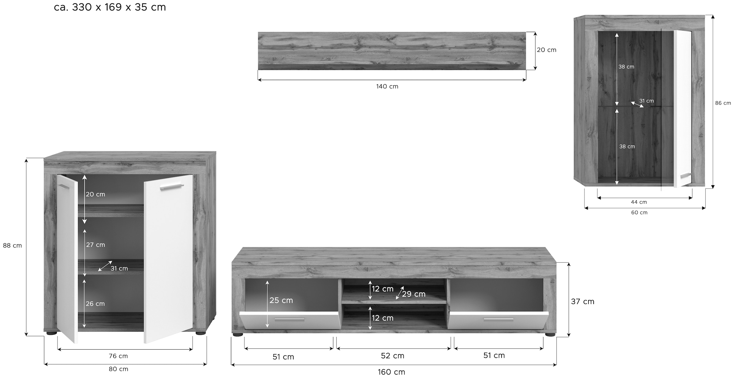 INOSIGN Wohnwand »Aosta, 4-tlg., best. aus: Highboard, Lowboard, Wandboard & Vitrine«, (4 St.), Wohnwand, Kombination, Anbauwand, Möbel Set, Schrankwand, Möbel Kombi