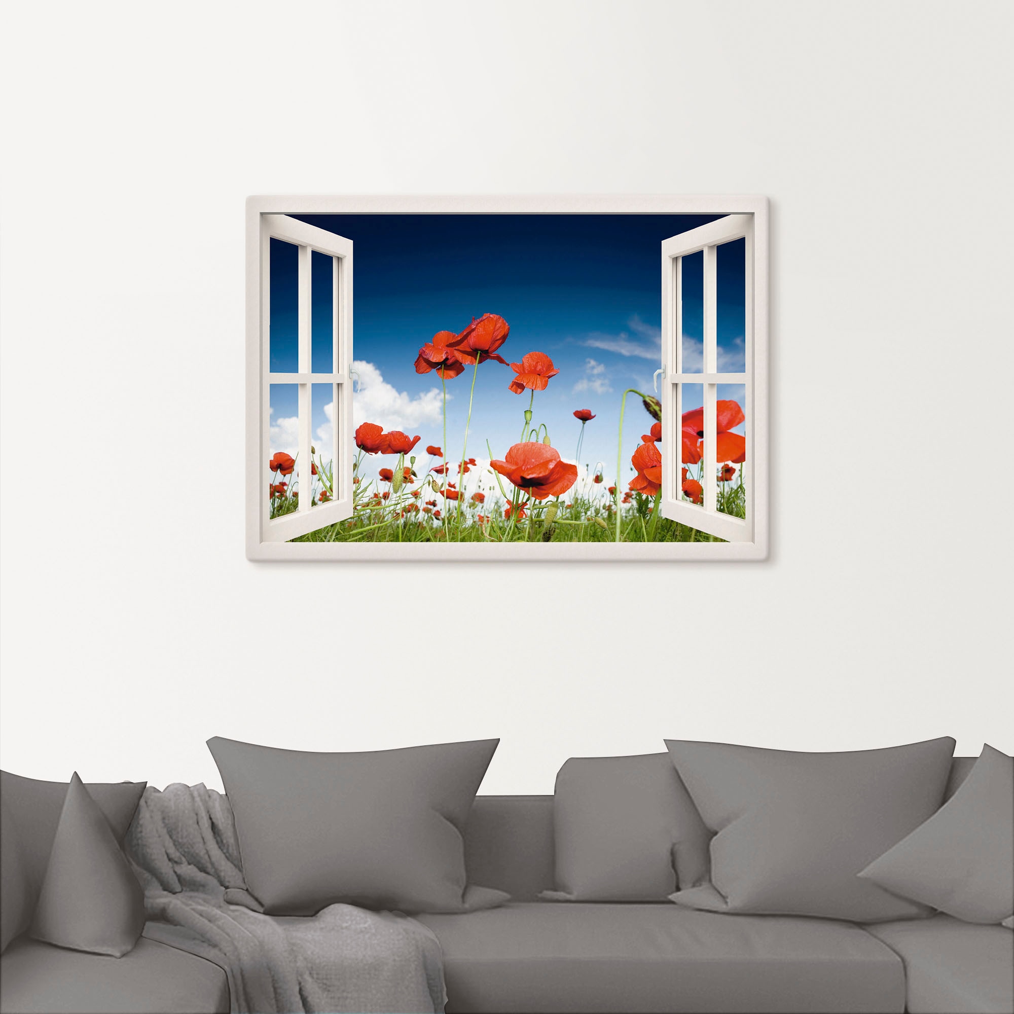 Artland Wandbild »Fensterblick Feld mit Mohnblumen«, Fensterblick, (1 St.), als Leinwandbild, Poster, Wandaufkleber in verschied. Größen