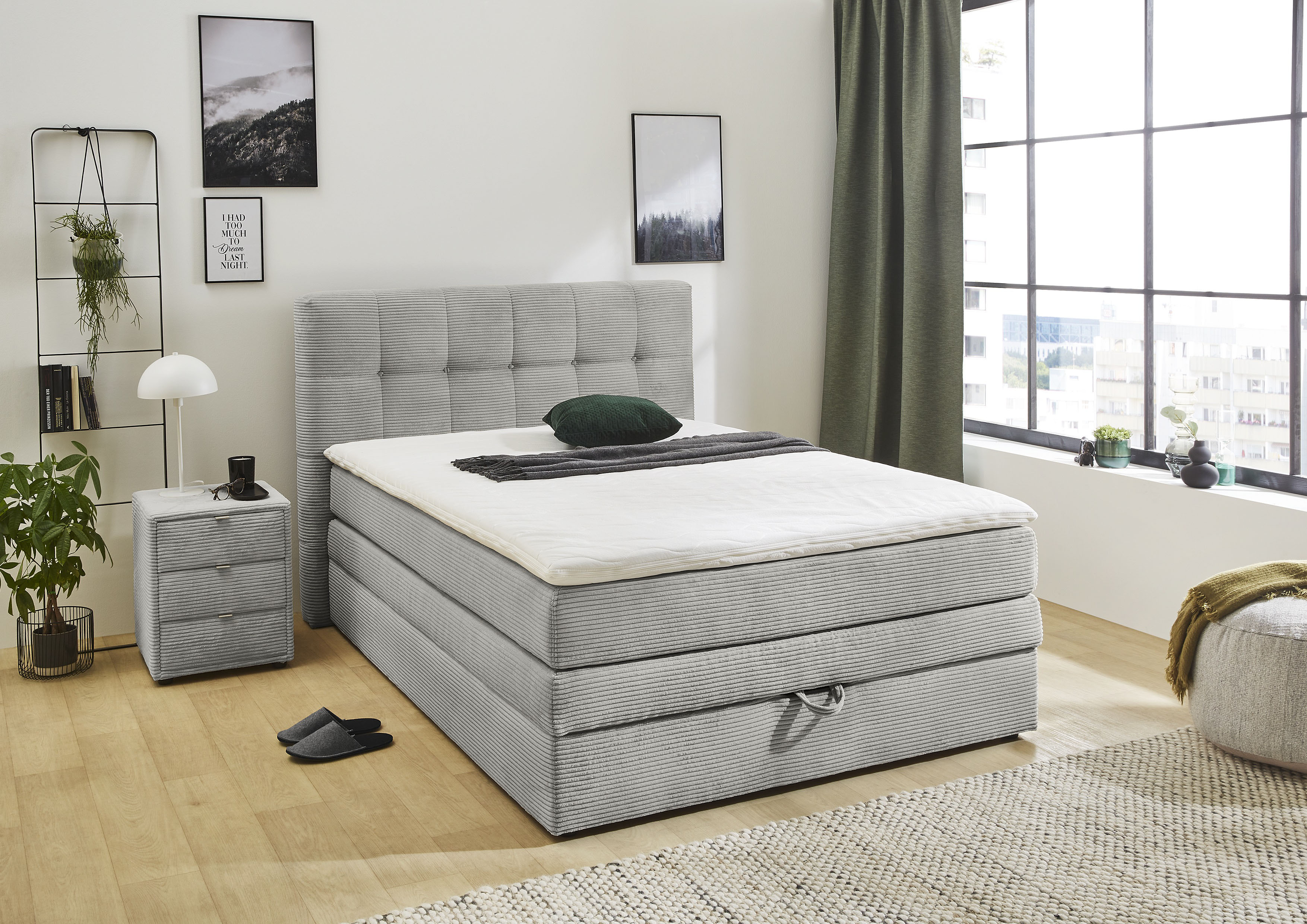 Jockenhöfer Gruppe Boxspringbett "AMY mit Bettkasten, inkl. Bonnell- oder Taschenfederkernmatratze H2-H4" mit 6 cm Kaltschaum-Topper, Cord-Bezug, 120x200 und 140x200 cm