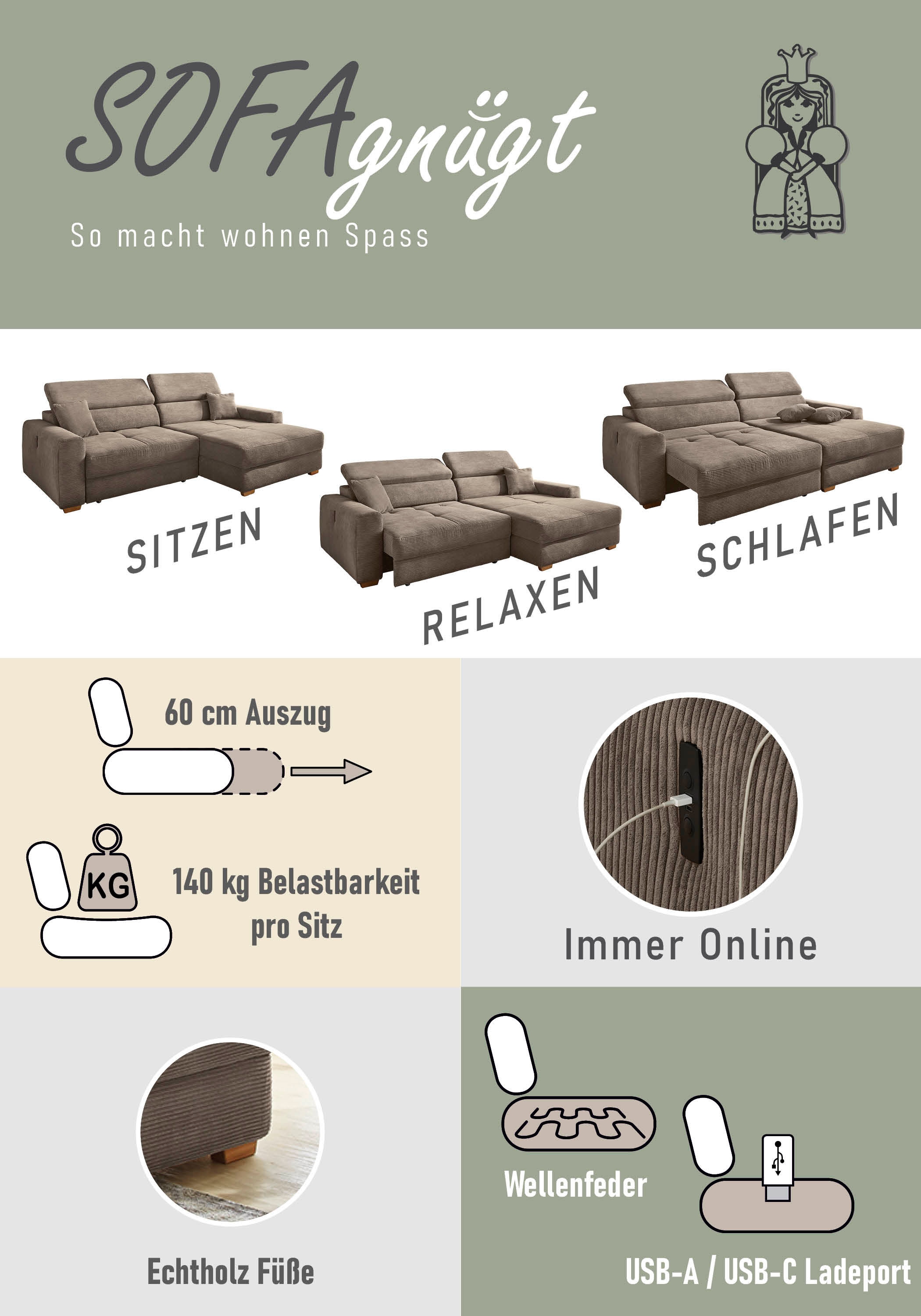 Jockenhöfer Gruppe Ecksofa »Slider, L-Form, 140kg Belastbarkeit je Sitzplatz«, elektromotorische Sitztiefenverstellung,USB-Ladeports,mit Kopfstützen