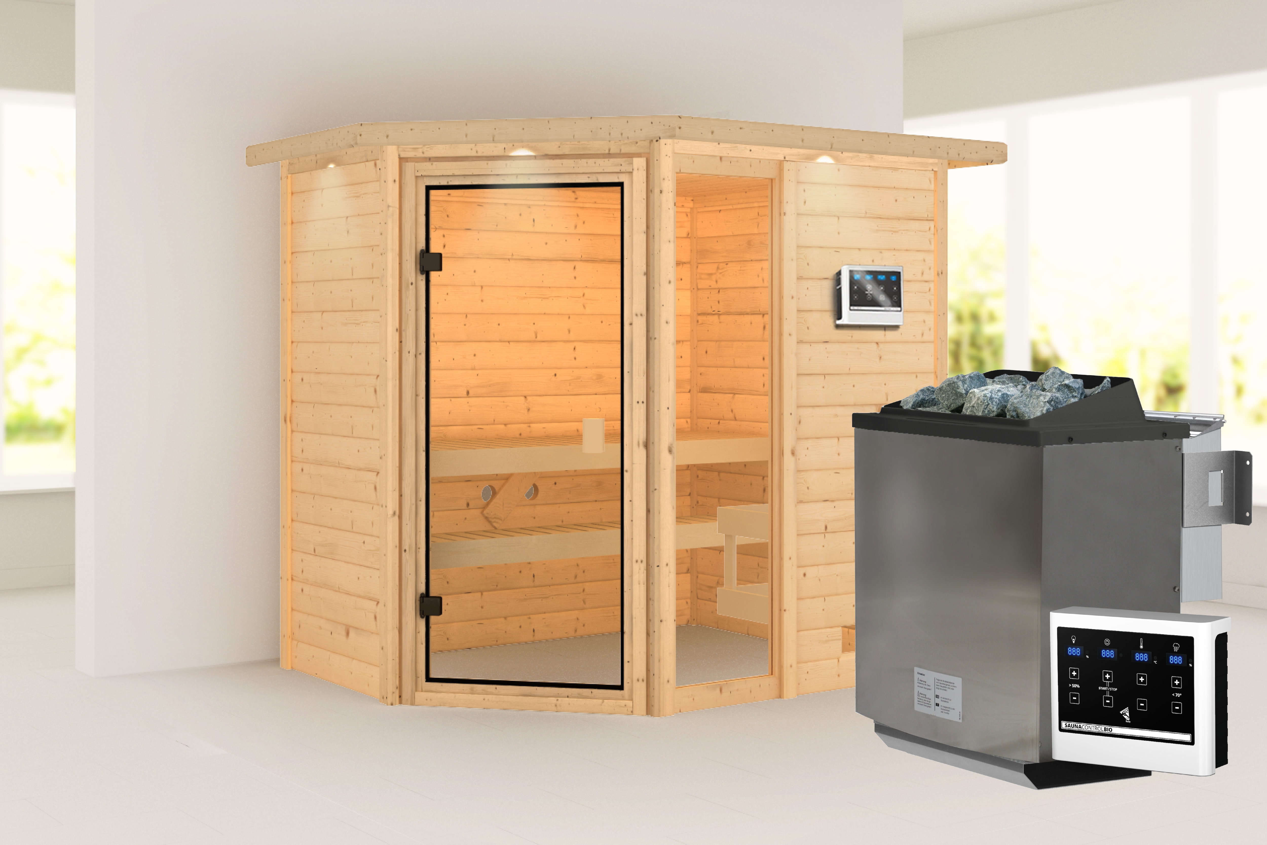 Karibu Sauna ""Josie" mit bronzierter Tür und Kranz, naturbelassen" aus hochwertiger nordischer Fichte