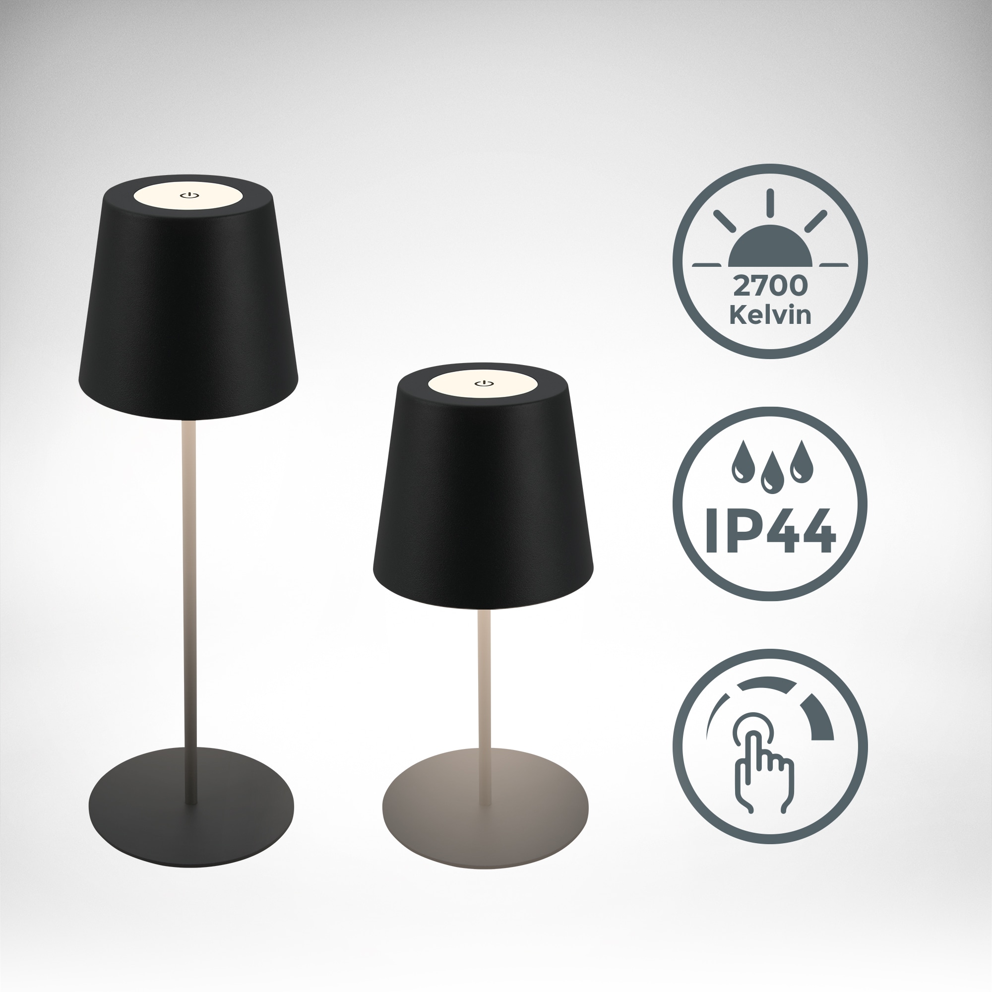 B.K.Licht Außen-Tischleuchte »BK_TL1595 Akku LED Tischlampe, 3-Stufen Touchdimmer, mit USB«, 1 flammig, Leuchtmittel LED-Modul | LED fest integriert, 2.700 K, 200 Lm, 2,5W, IP44, 12h Leuchtdauer, 36 x 10,5 cm, Schwarz