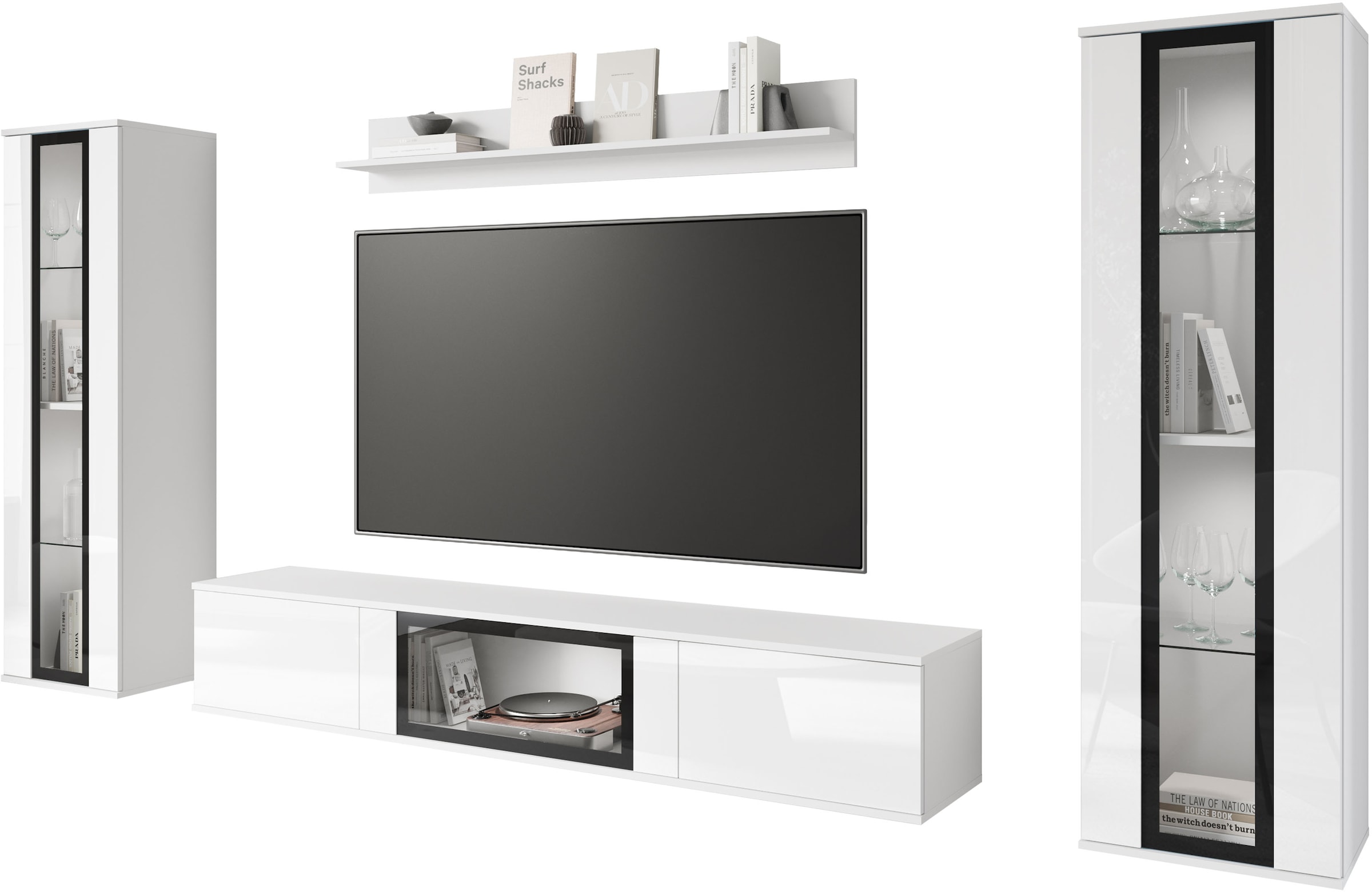 INOSIGN Wohnwand »Caro, stehend und hängend montierbar«, (Komplett-Set, 4 St., Vitrine Türanschlag links/rechts wechselbar), grifflose Design, höhenverstellbare Einlegeböden