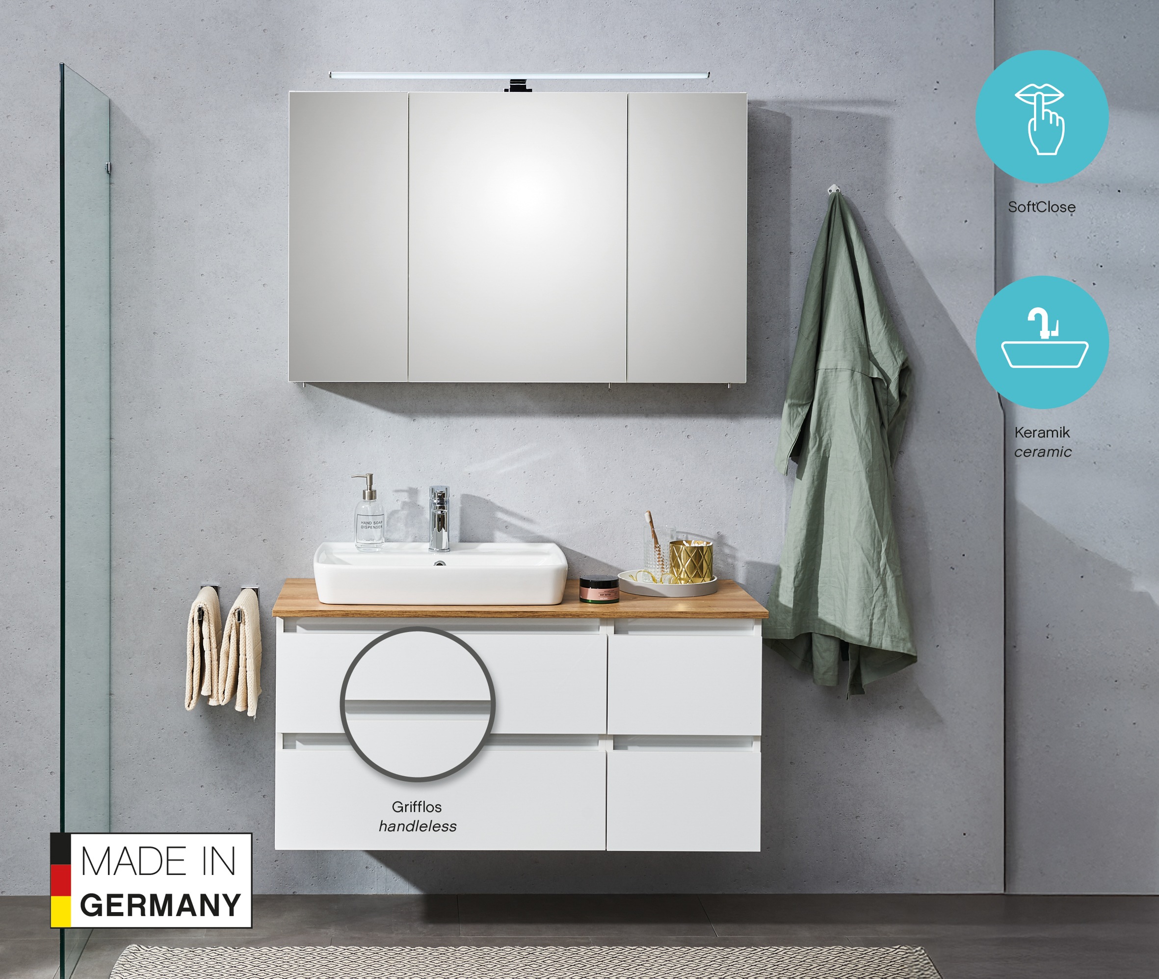 Thumbnail - Saphir Badmöbel-Set "Quickset 360 2-teilig, Keramik-Aufsatzbecken mit LED-Spiegelschrank" 2 Stk. tlg.