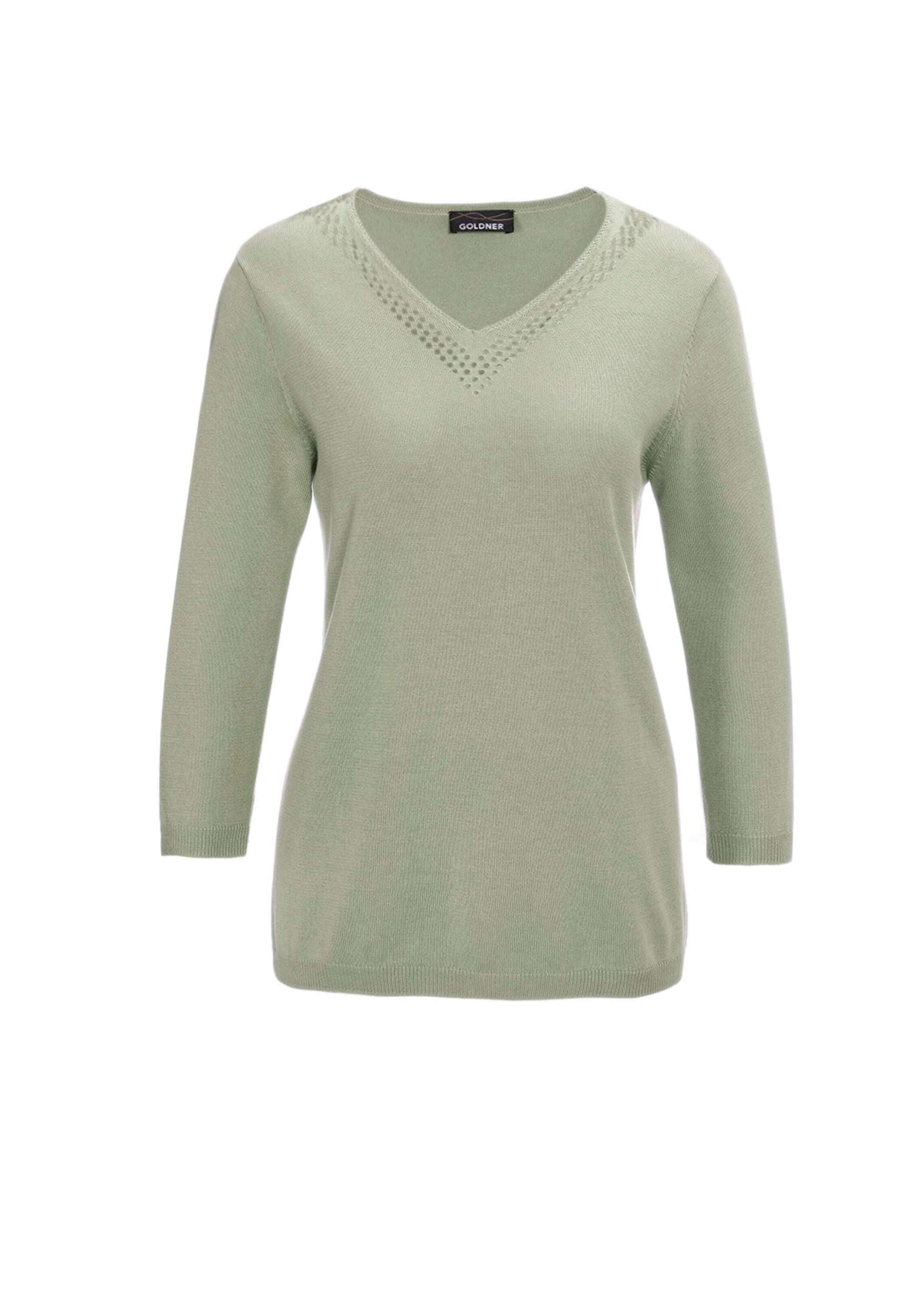 GOLDNER Rundhalspullover "Kurzgröße Baumwollpullover mit Ajour-Details" Mit hübschen Ajourdetails am V-Ausschnitt