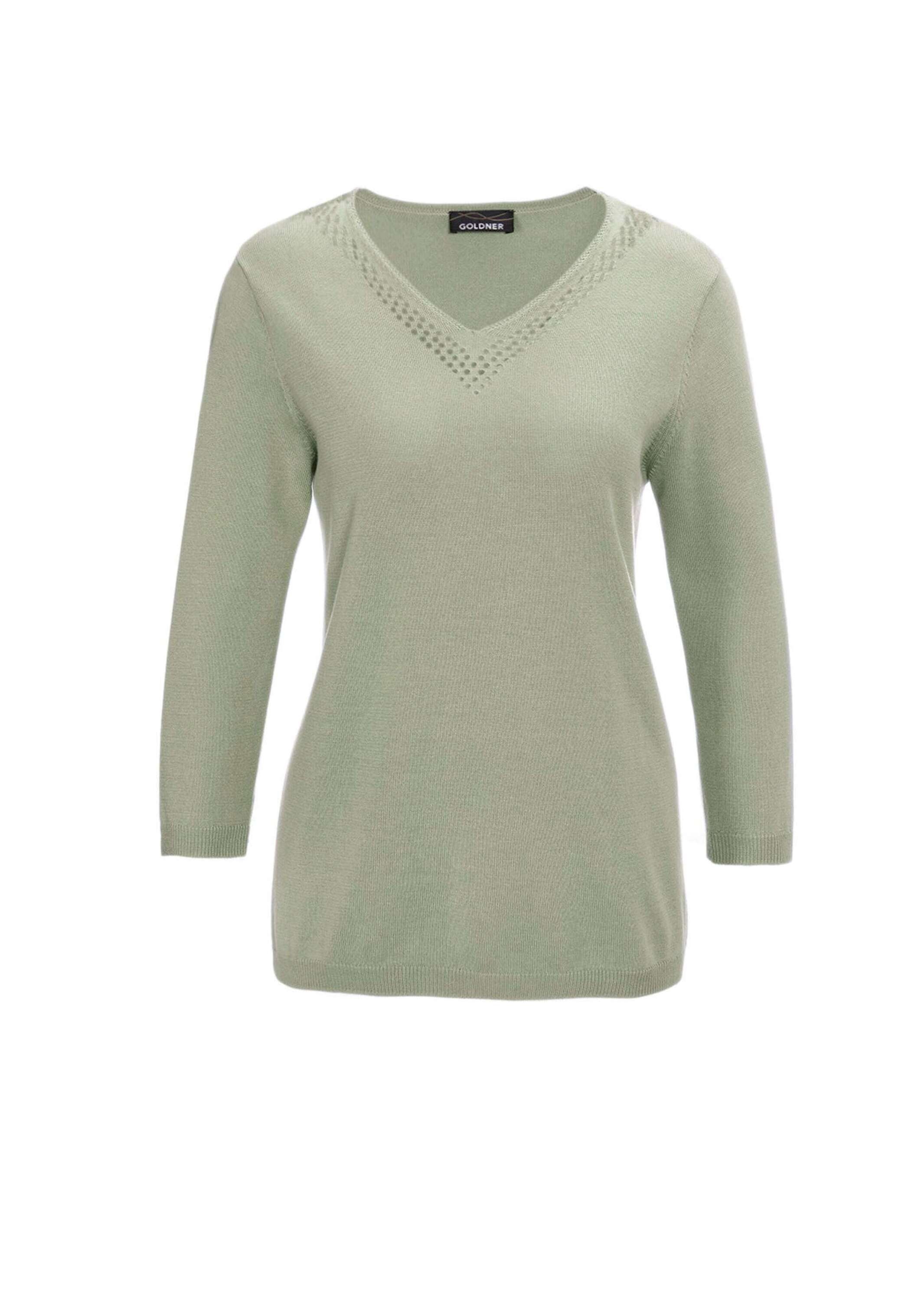 Rundhalspullover GOLDNER "Unkomplizierter Pullover mit V-Ausschnitt", Damen, Gr. 42, grün (baummoos), Obermaterial: 50% Baumwolle CO. 50% Polyacryl PAN., Rippe, Pullover Rundhalspullover, Mit hübschen Ajourdetails am V-Ausschnitt