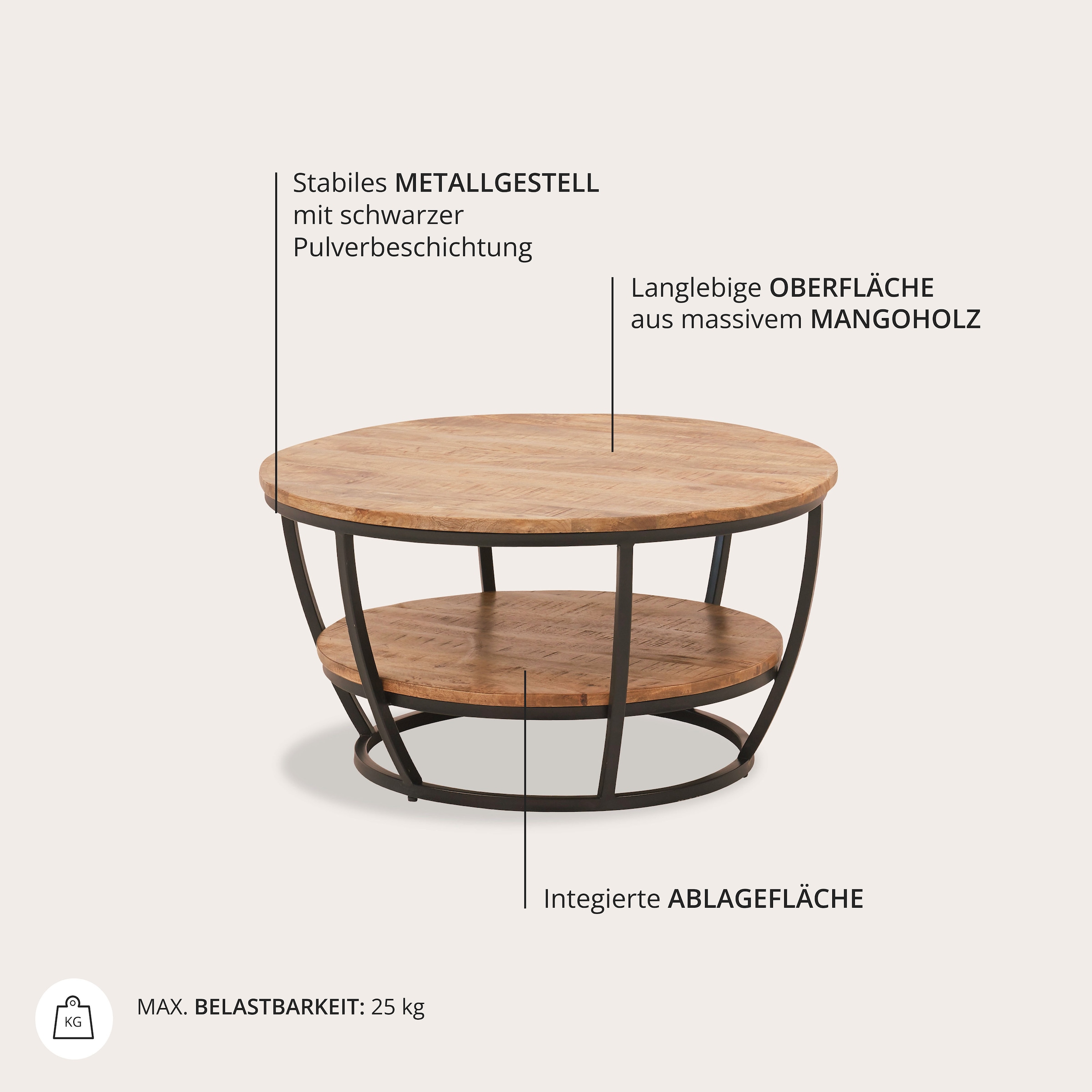 HBZ Couchtisch »Jambi, TOPSELLER!«, (Couchtisch), rund Massivholz mit Ablage
