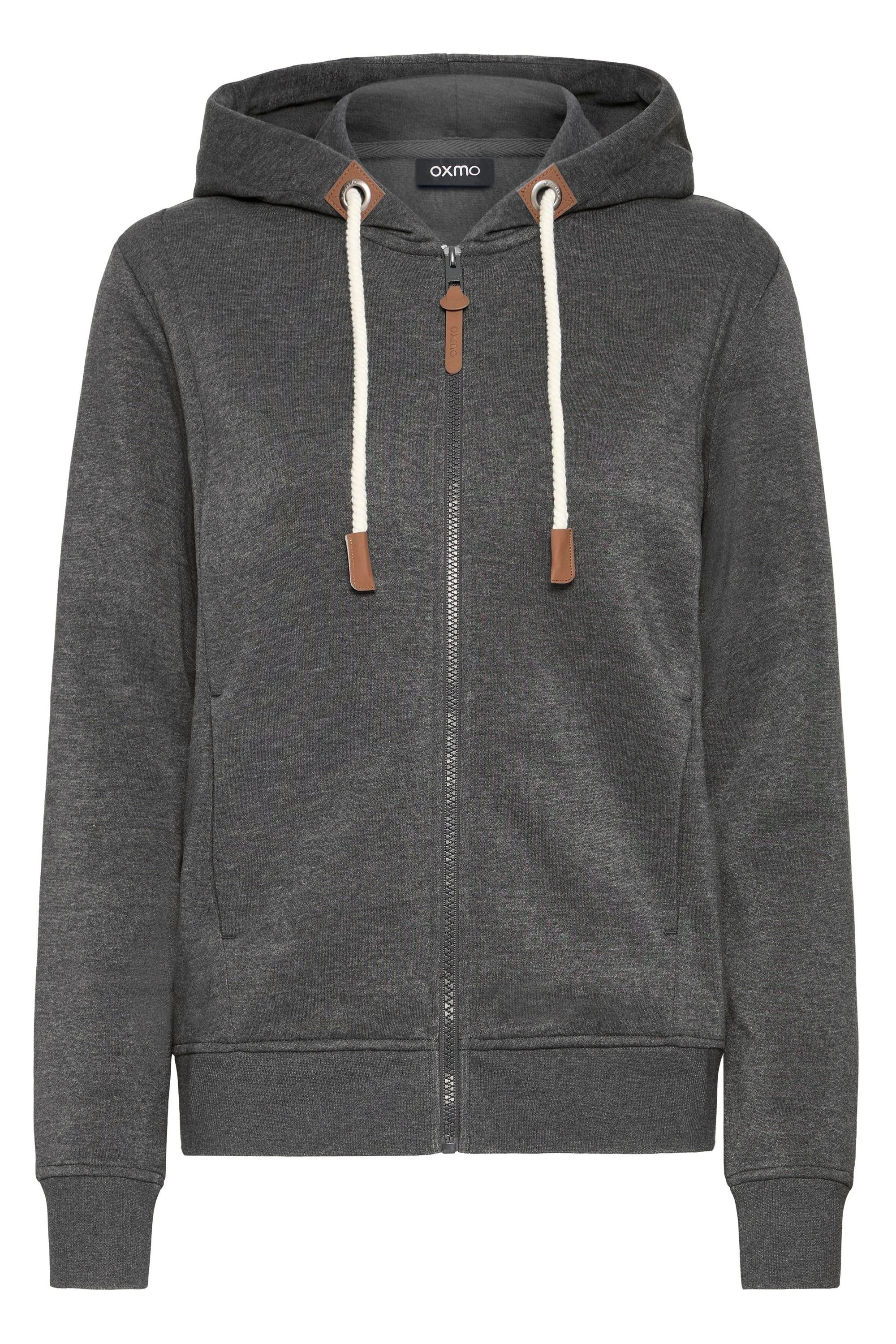Kapuzensweatjacke OXMO "Kapuzenfleecejacke OXMILLE", Damen, Gr. L, grau (dunkelgrau melange), Obermaterial: 55% Polyester PES. 45% Baumwolle CO., Sweatjacken