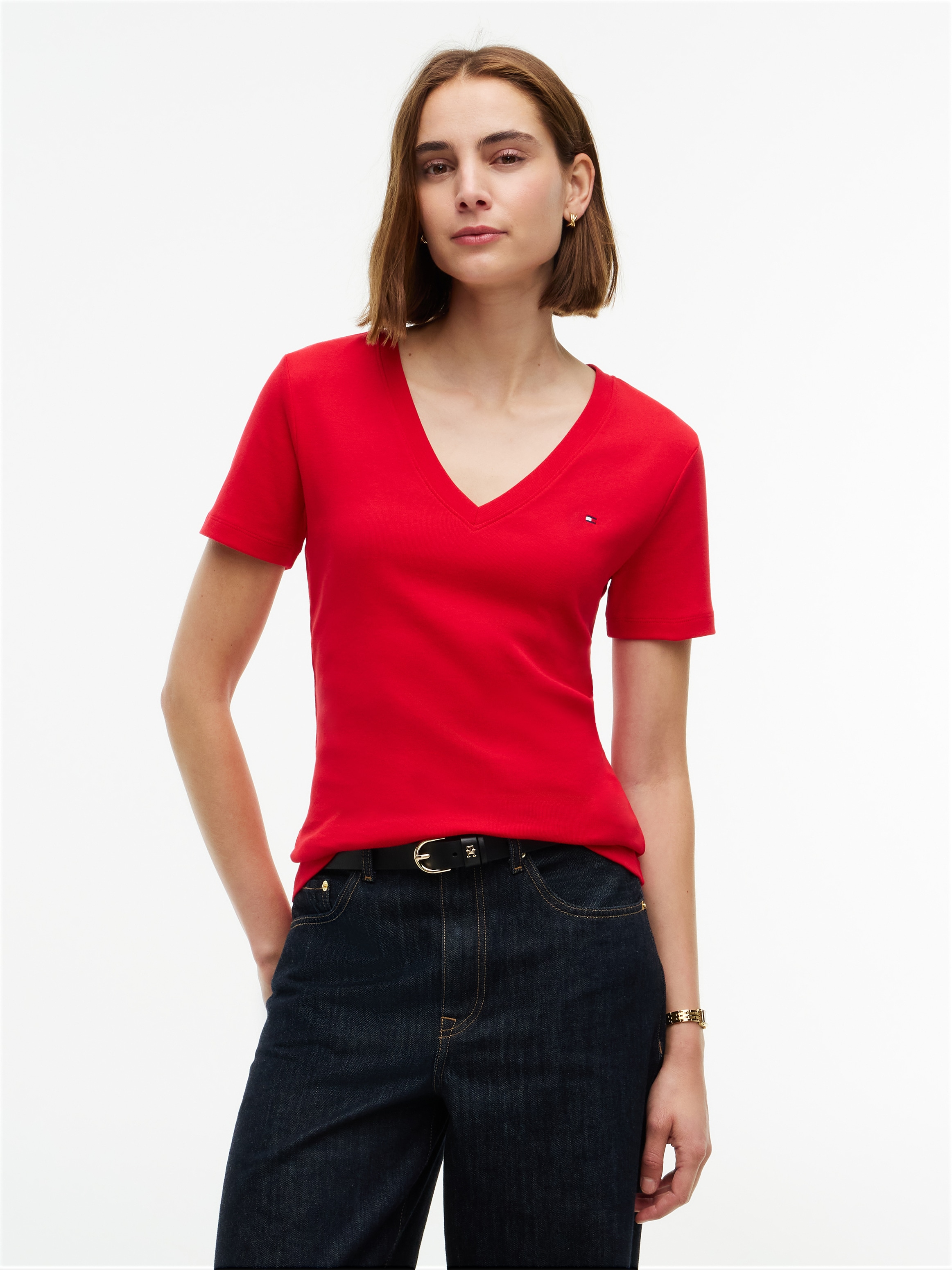 Tommy Hilfiger T-Shirt "SLIM CODY V-NECK SHORT SLEEVE" aus Baumwolle, Logostickerei, gestreift