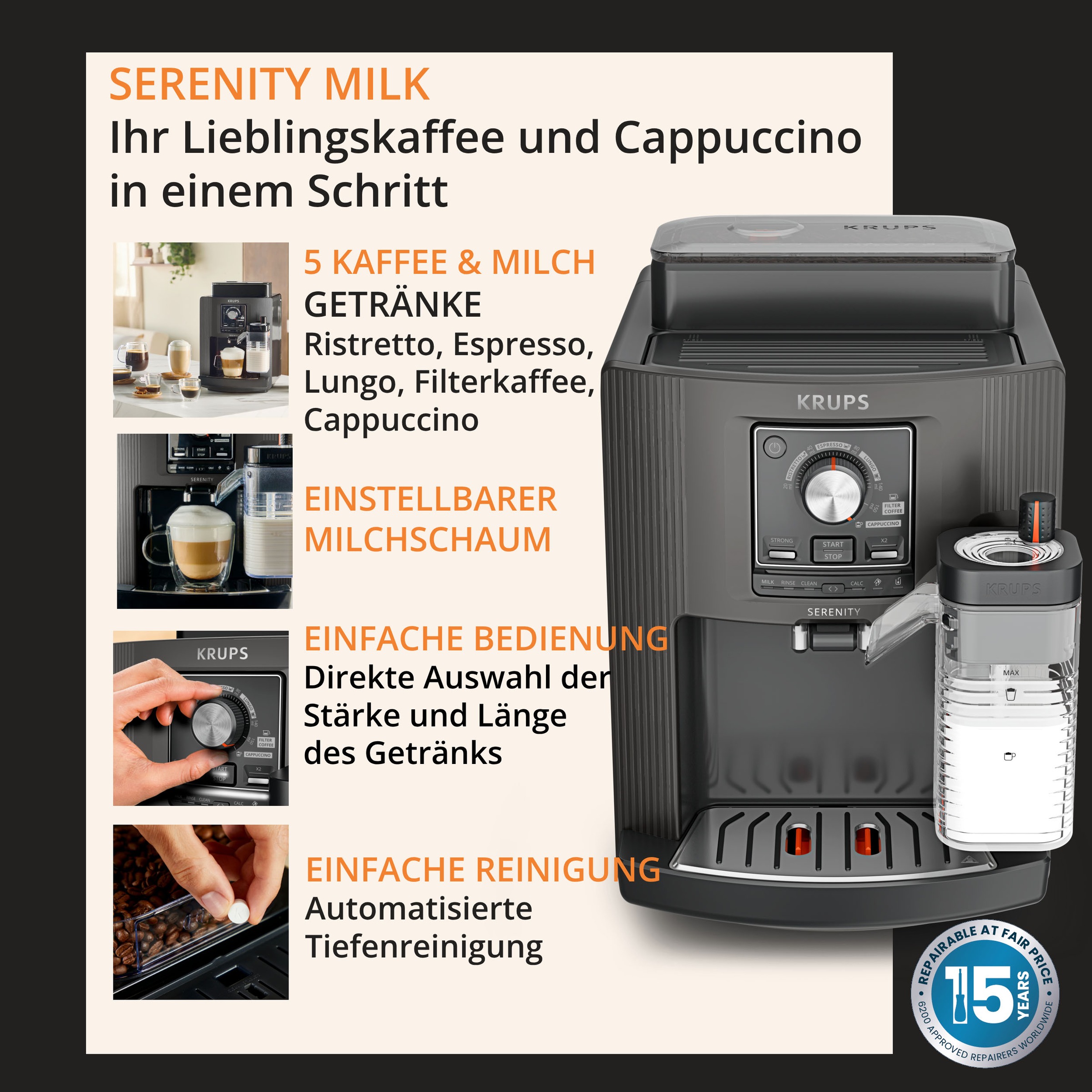 Krups Kaffeevollautomat »EA402H Serenity Milk« 5 Getränke, Milk Maestro-Technologie, automatische Reinigung, 2 Tassen
