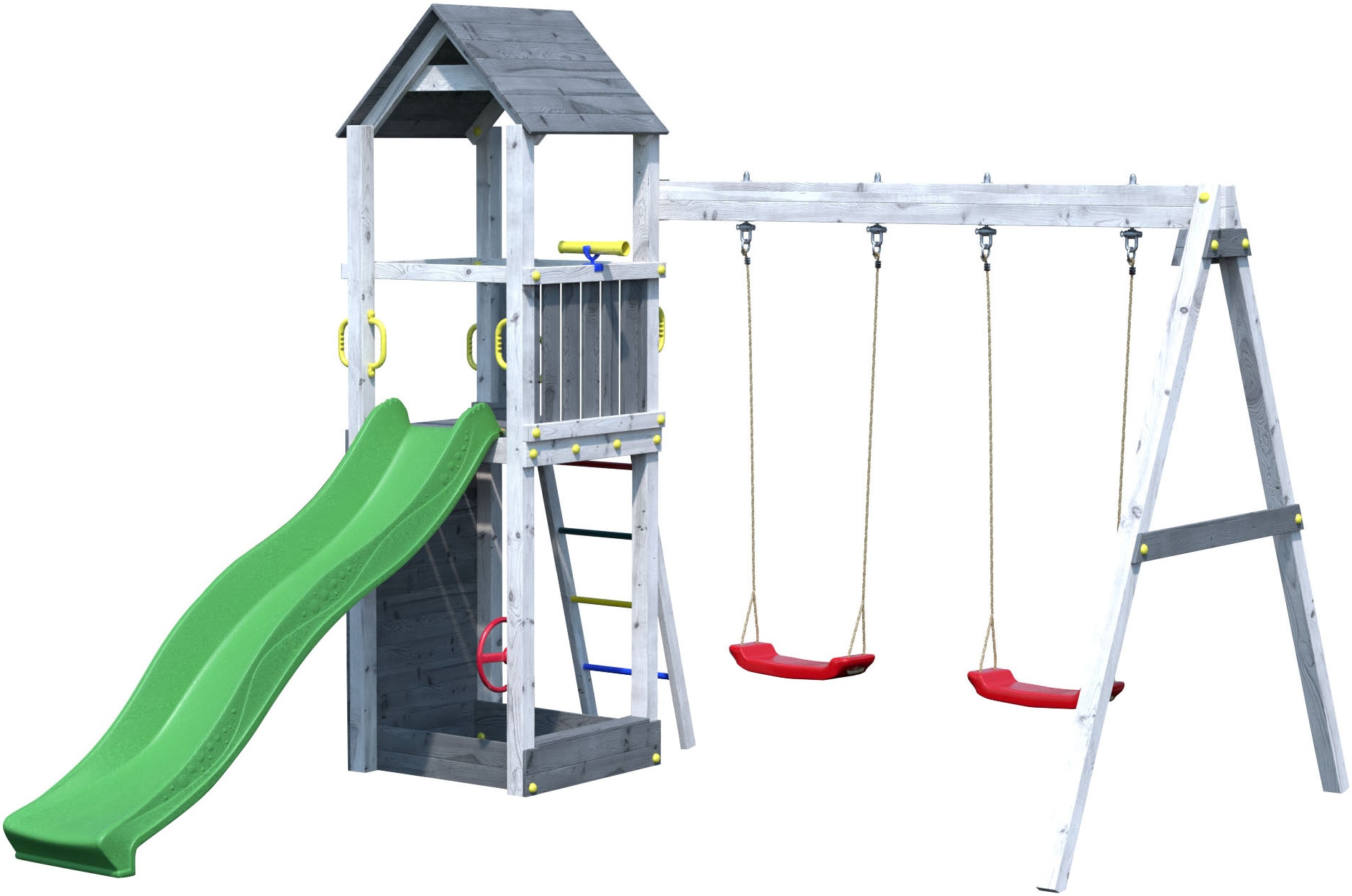 FUNGOO Spielturm »FLAPPI« mit Rutsche, Doppelschaukel, Kletterwand, Teleskop, Lenkrad