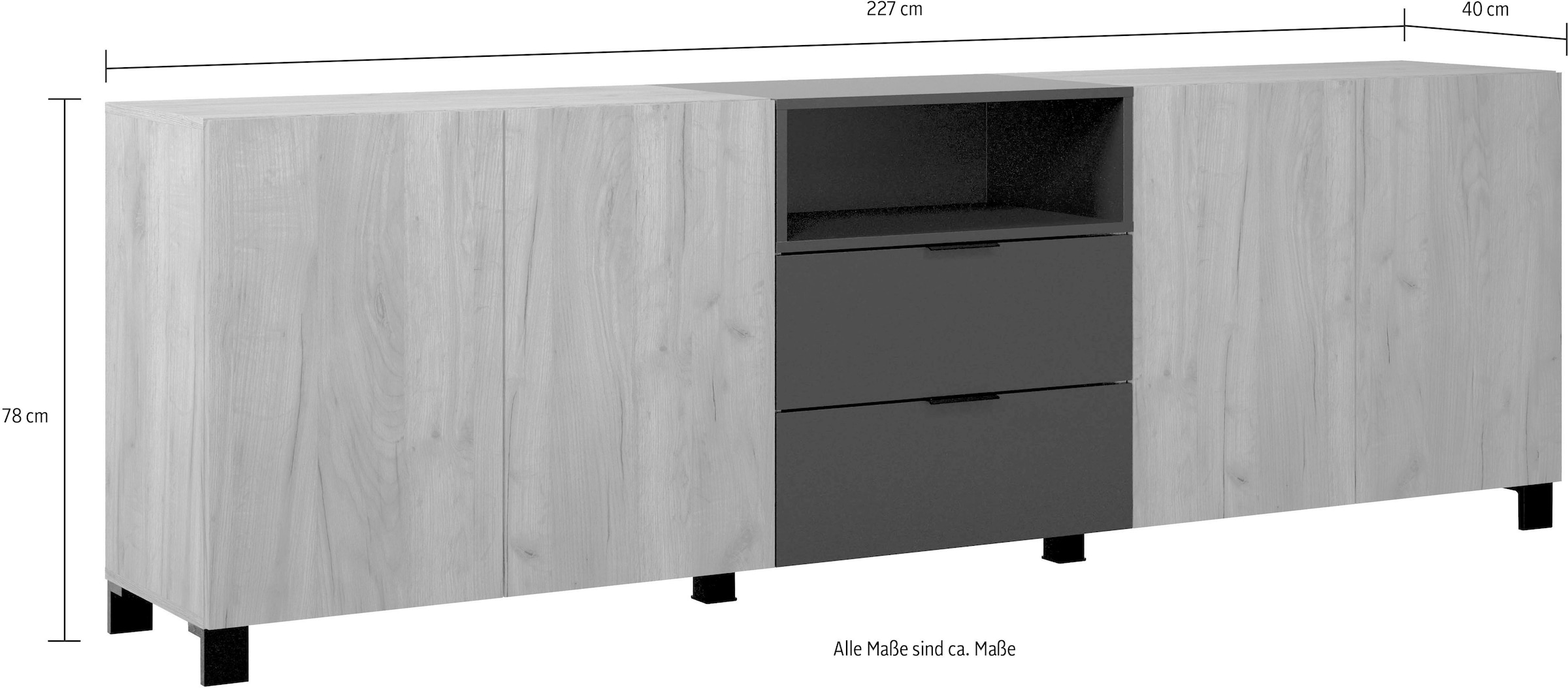 INOSIGN Sideboard »Kriens«, Anrichte Eiche, hellbraun / schwarz matt, Breite 227 cm, Höhe 78 cm