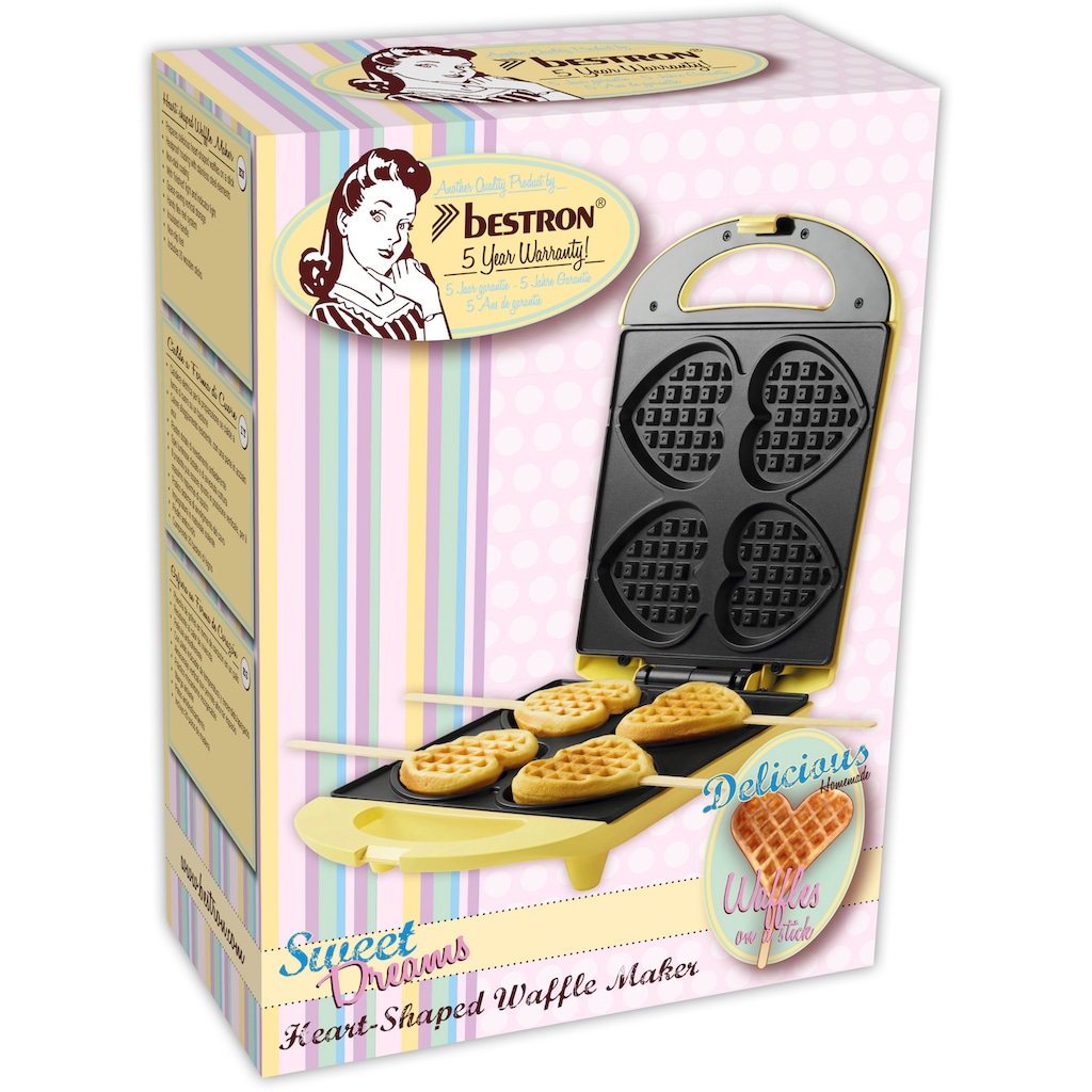 bestron Waffeleisen »DSW271GELB Sweet Dreams«, 780 W, für Herzwaffeln am Stiel, Retro Design