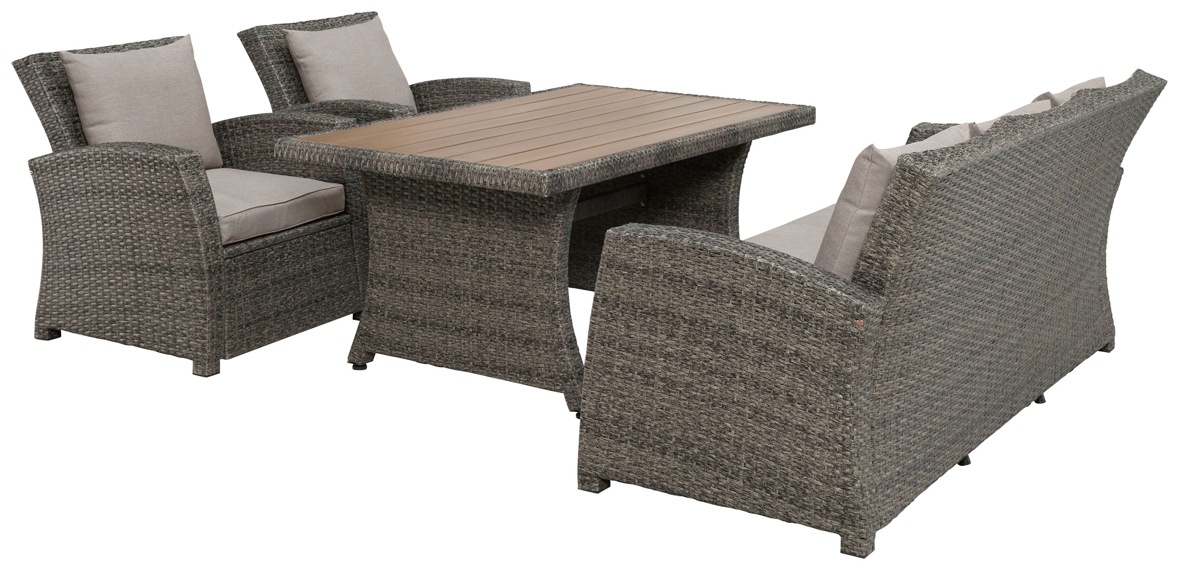 Gartenlounge-Set KONIFERA "Siros", braun (braun, beige), Polyrattan, Sitzmöbel-Sets, Gartenmöbel-Set, Polyrattan, Stahl, Tischplatte aus Nonwood, geeignet für 5 Personen, Topseller 2