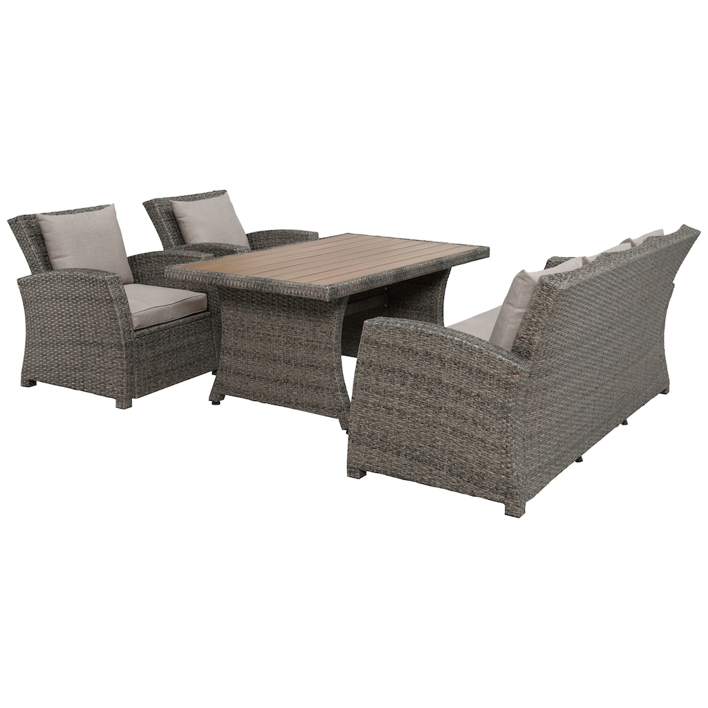 KONIFERA Gartenlounge-Set »Siros«, (Set, 12 tlg., 1x 3er Sofa, 2x Sessel, 1x Tisch 135x82x65cm, inkl. Auflagen), Polyrattan, Stahl, Tischplatte aus Nonwood, geeignet für 5 Personen