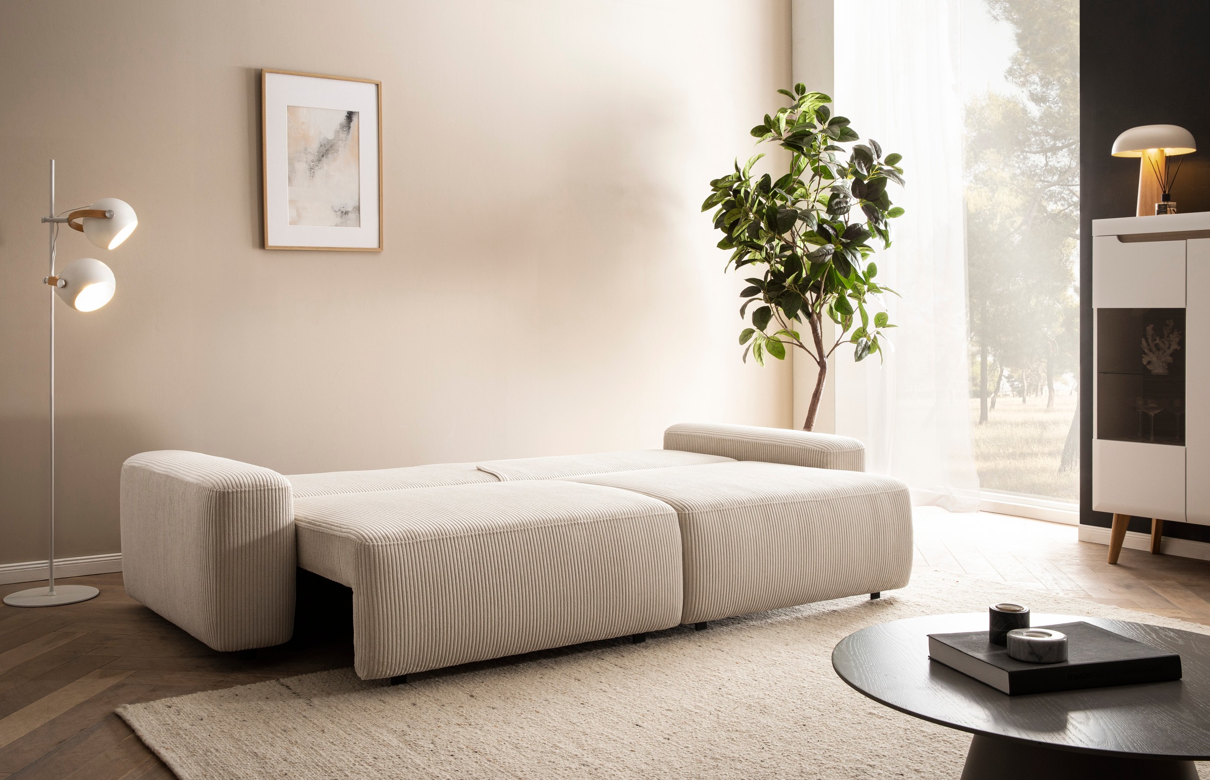 INOSIGN 3-Sitzer »TORGE (257cm), Sofa,Schlafsofa in Cord, Samtvelours, Struktur fein«, rundes Design, Schlaffunktion u. Bettkasten, Liegefläche: 135/200 cm