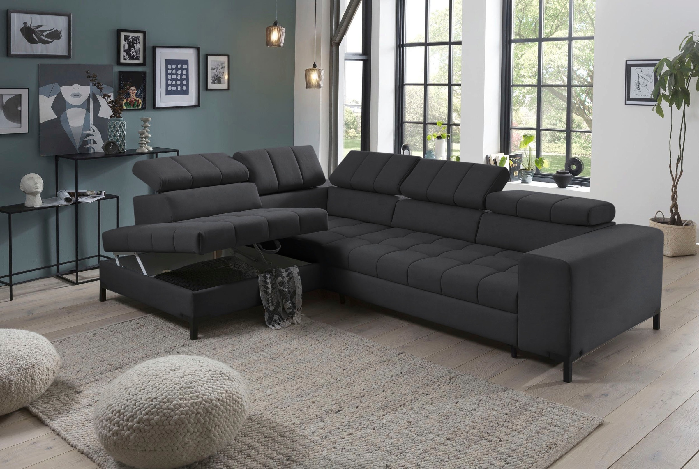 exxpo - sofa fashion Ecksofa »Bocco, hochwertige Verarbeitung, toller Sitzkomfort, bequem, L-Form«, wahlweise mit Bettfunktion u. Bettkasten, inkl. Kopfteilverstellung