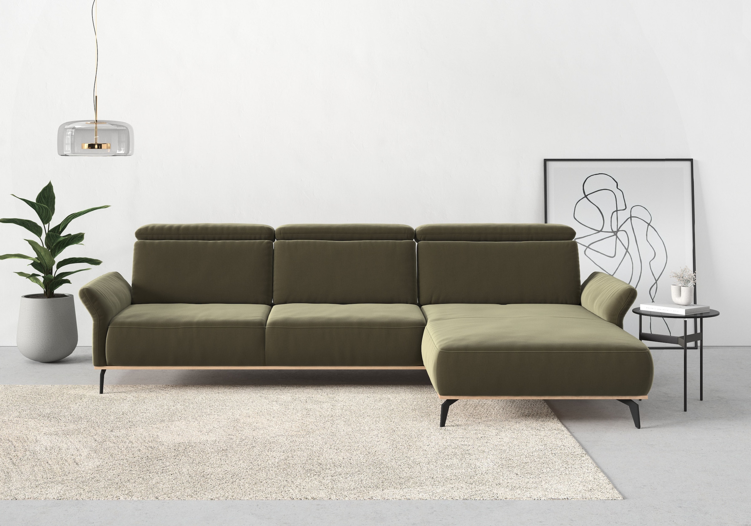 PLACES OF STYLE Ecksofa »Fjord L-Form« massiv, wahlweise mit Armlehnfunktion, Kopf- Sitztiefenverstellung