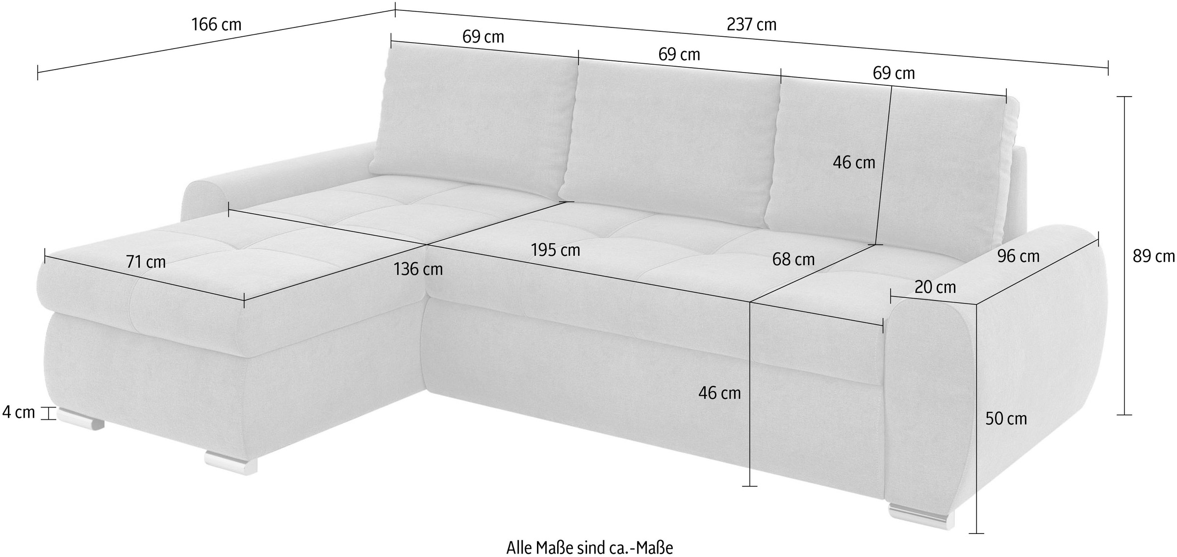INOSIGN Ecksofa »HAVERHILL Schlafsofa mit Bettkasten, Maße B/H/T: 237/89/166 cm«, L-Form mit Recamiere links oder rechts bestellbar, Wellenunterfederung
