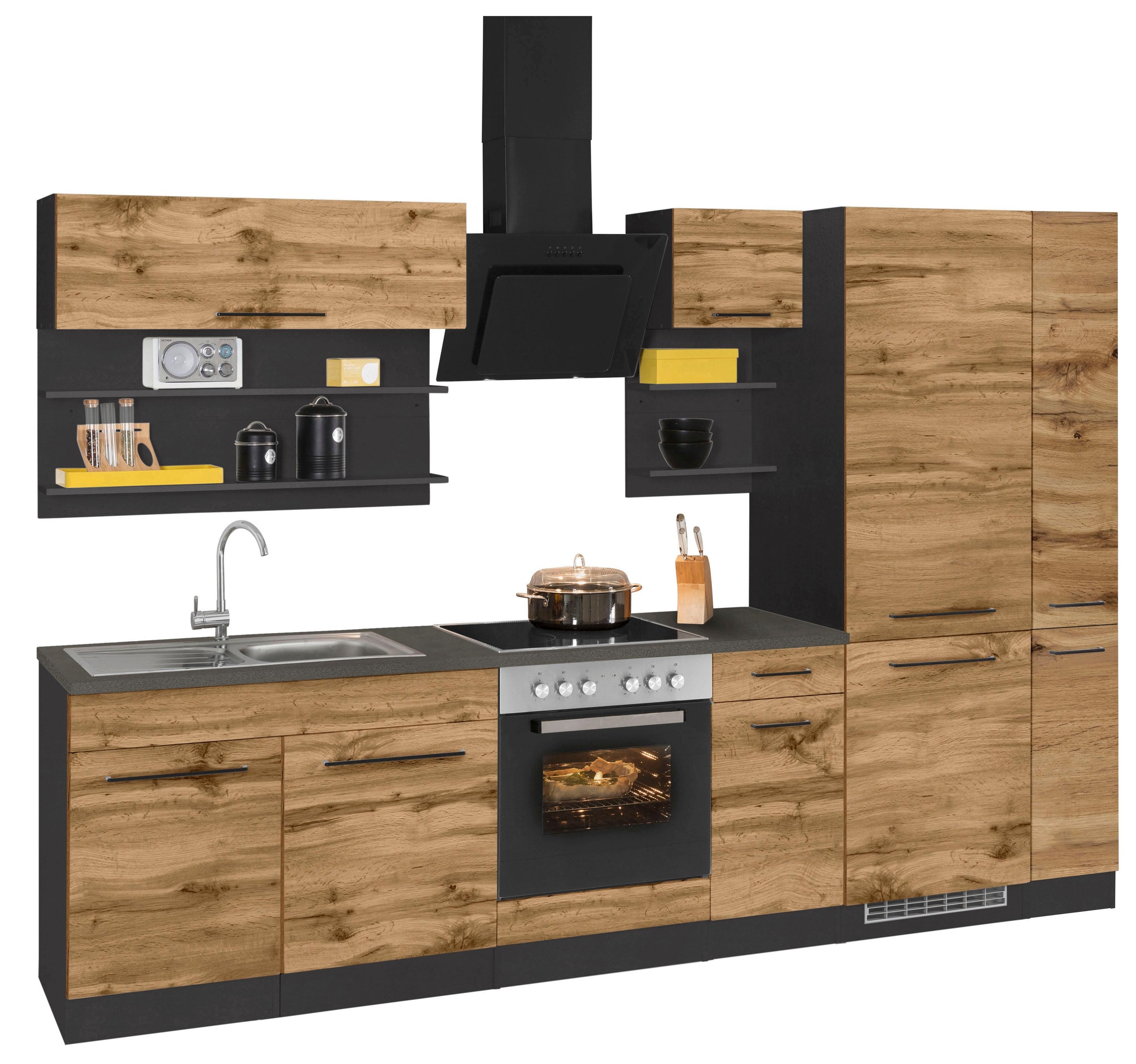KOCHSTATION Küchenzeile »KS-Tulsa«, ohne E-Geräte, Breite 300 cm, schwarze Metallgriffe, MDF Fronten