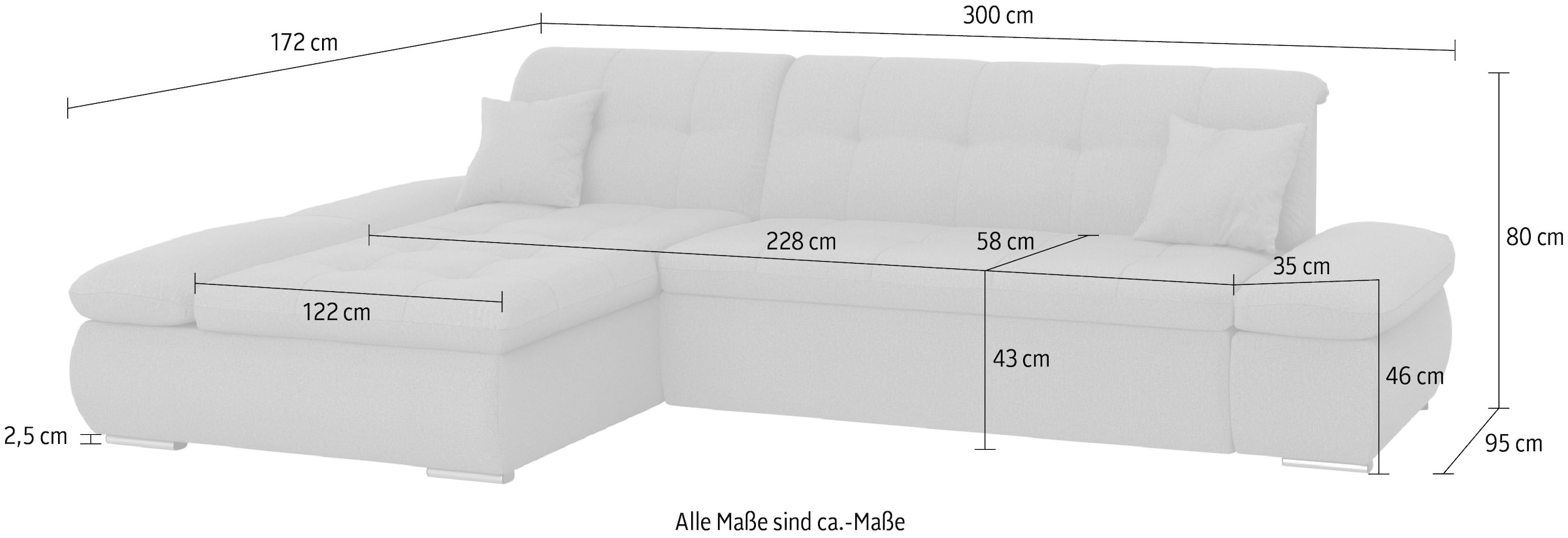 DOMO collection Ecksofa »Moric, L-Form, XXL-Sofa - Breite 300cm«, wahlweise mit Bettfunktion und Armteilverstellung, grau-silber