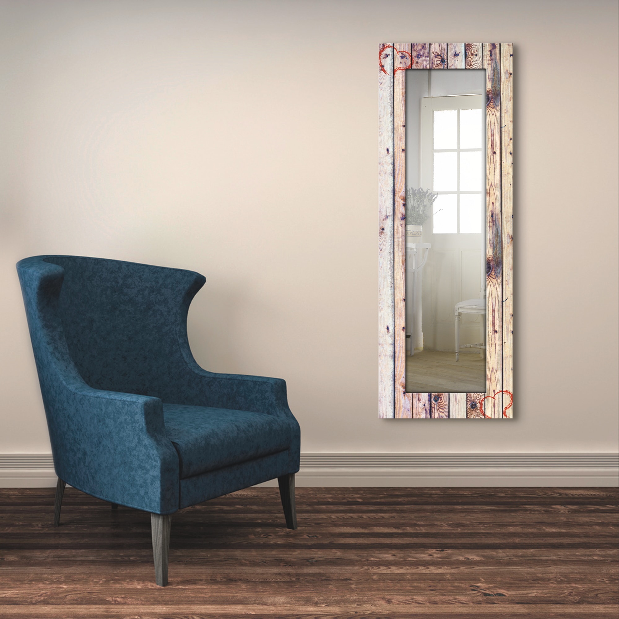 Artland Dekospiegel »Vintage Hintergrund Holzwand mit Herz«, gerahmter Ganzkörperspiegel, Wanspiegel mit Motivrahmen, Landhaus
