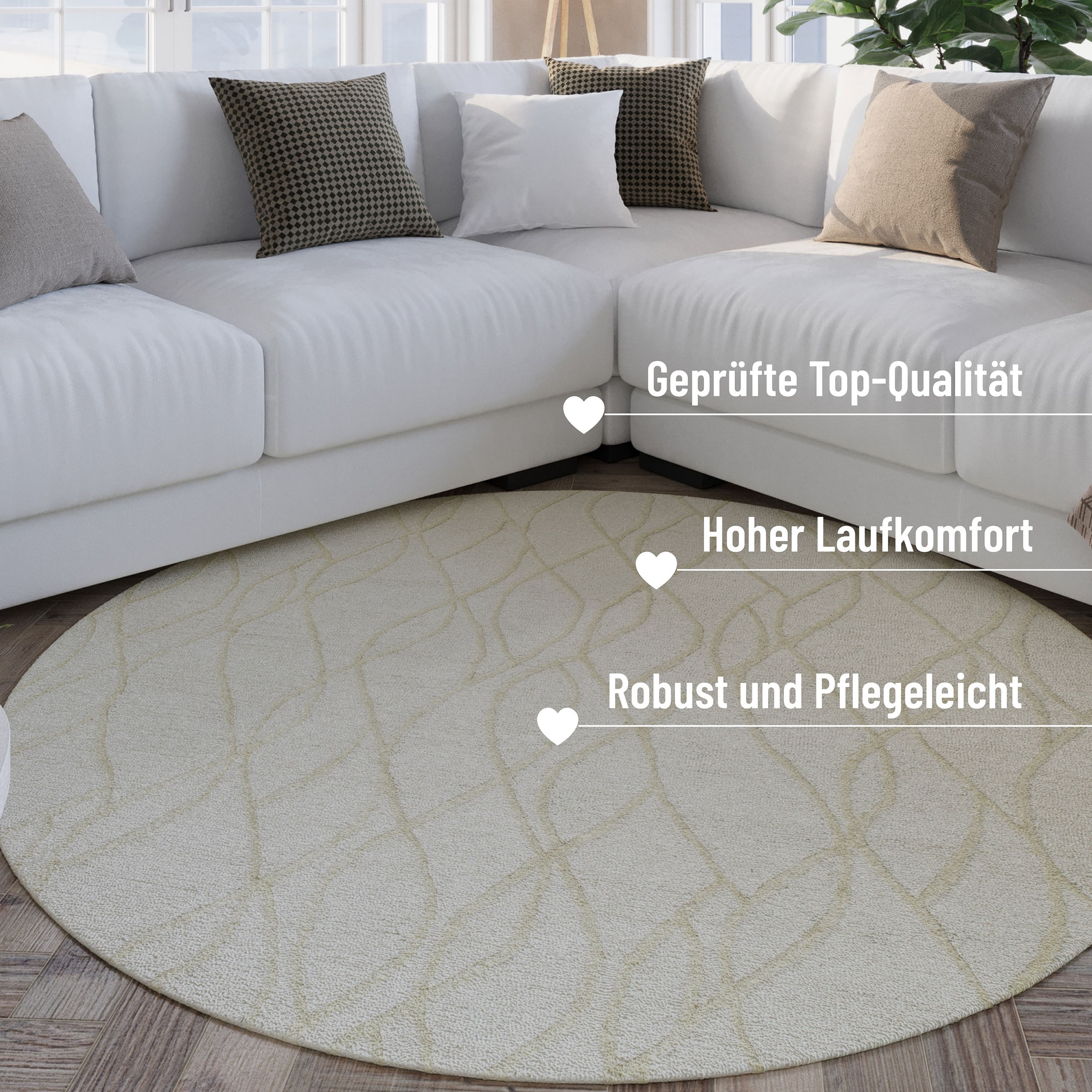 Wecon home Wollteppich »Hamptons TWENTYTHREE«, rund, 15 mm Höhe, Schurwolle, Kurzflor, Wohn- & Schlafzimmer, elegant, welliges Design