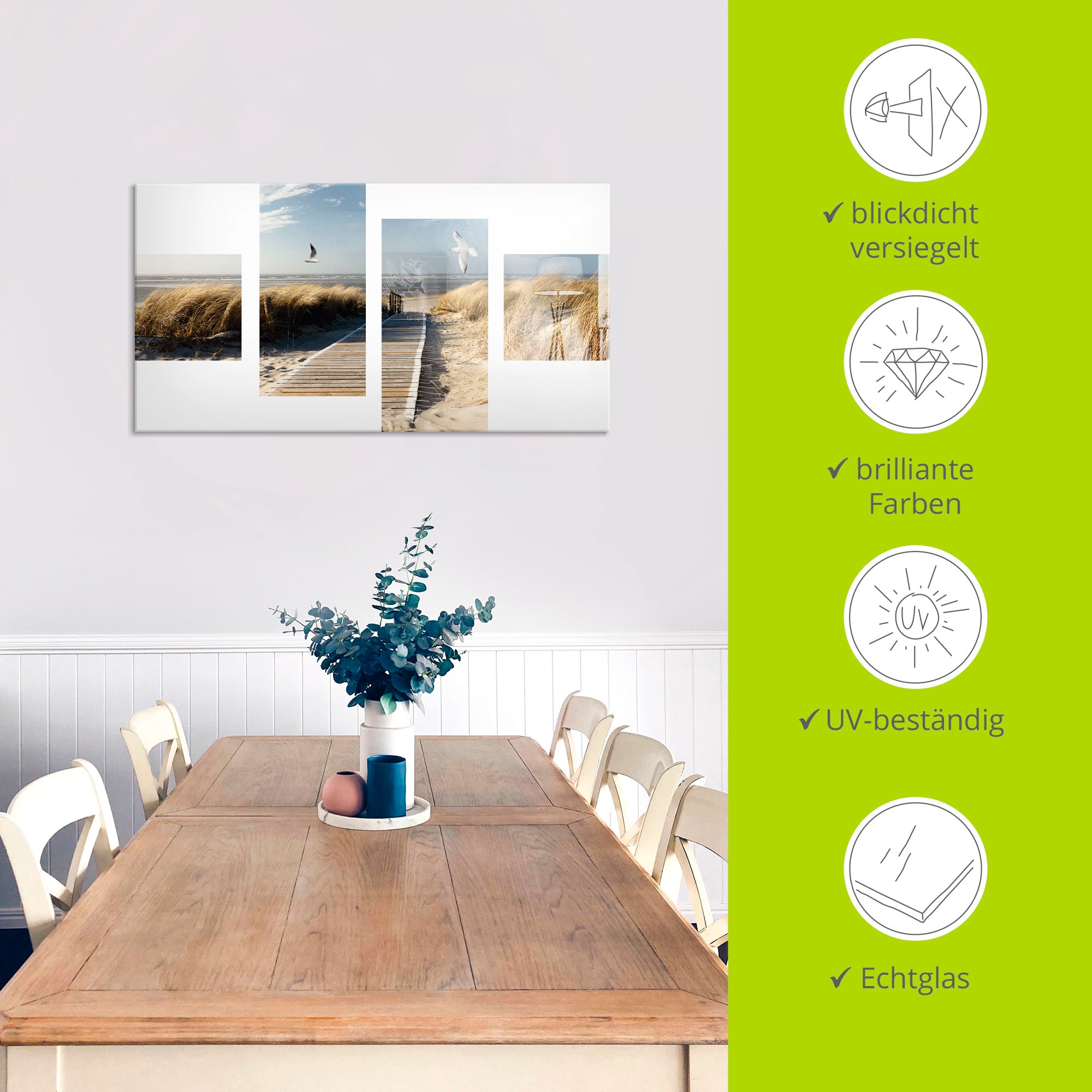 Artland Glasbild »Nordseestrand auf Langeoog mit Möwen«, Strand, (1 St.), in verschiedenen Größen