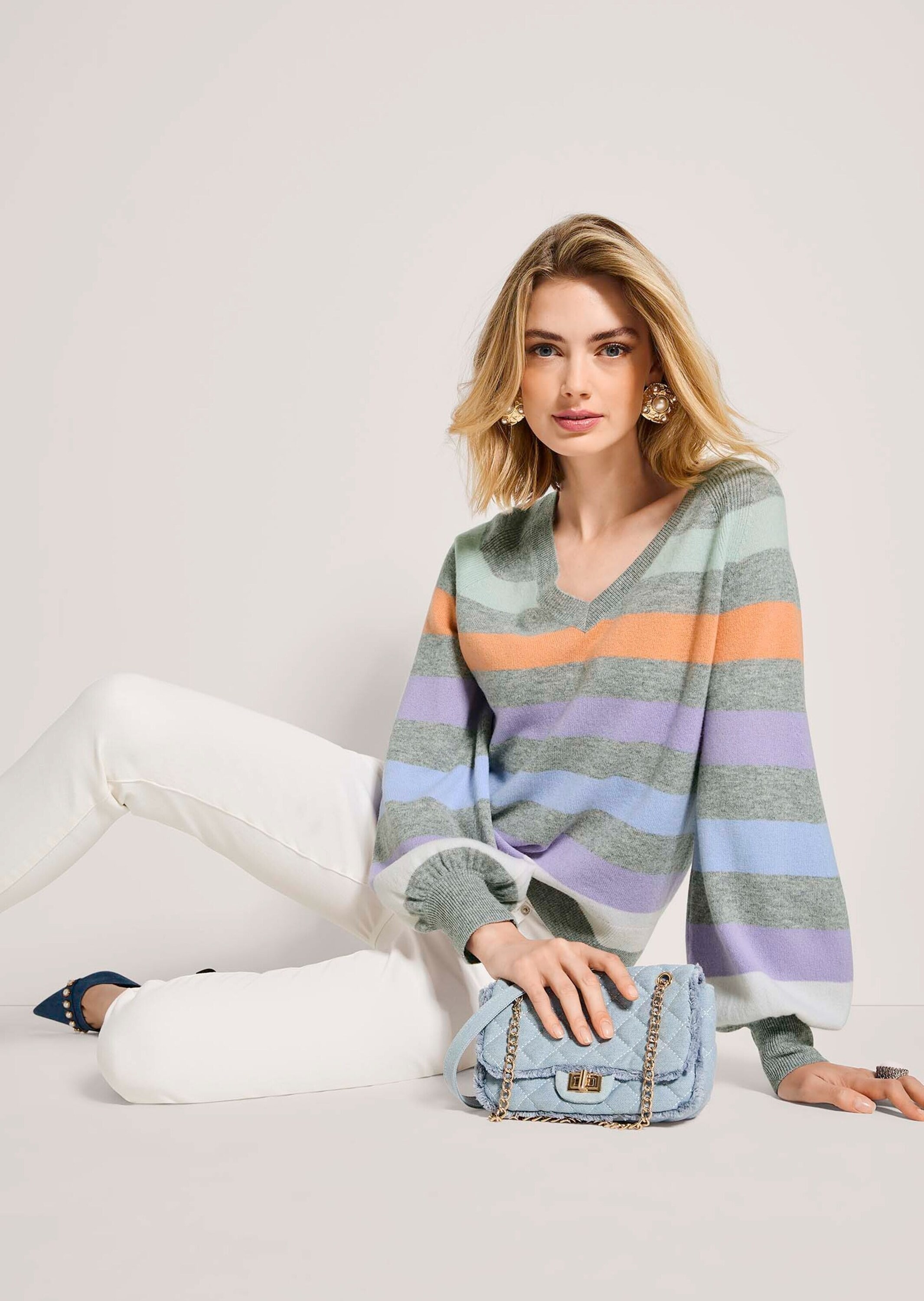 MADELEINE Longpullover »Feinstrickpullover Sommerpulli mit Streifen-Muster« Gerippte Abschlüsse